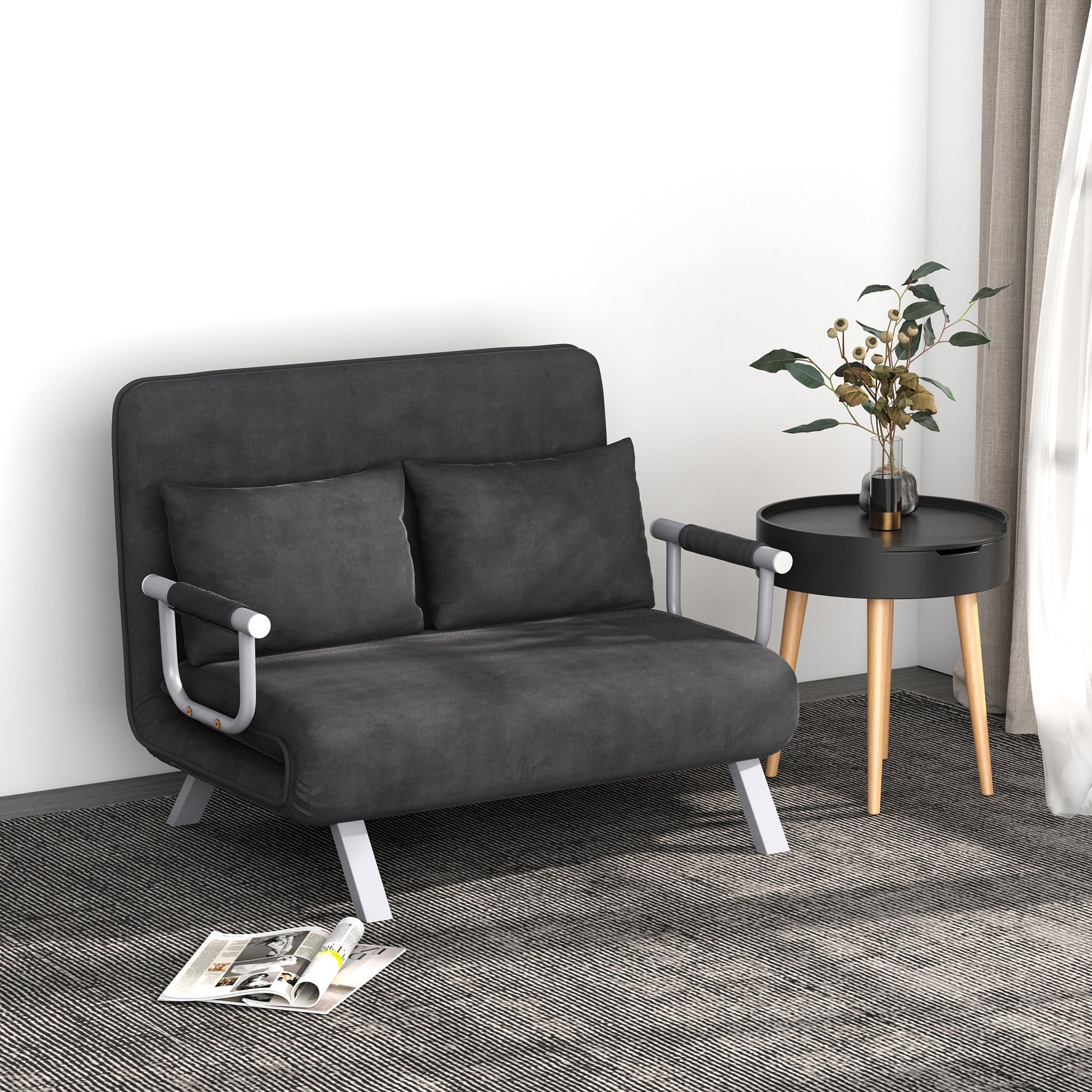 Homcom Convertible Sofa Bed Sleeper Chair, 5 Position Adjustable Backrest, Armchair Sleeper With Pillows, Leisure Chaise Lounge Couch, Gray Grey Steel 2 Seat