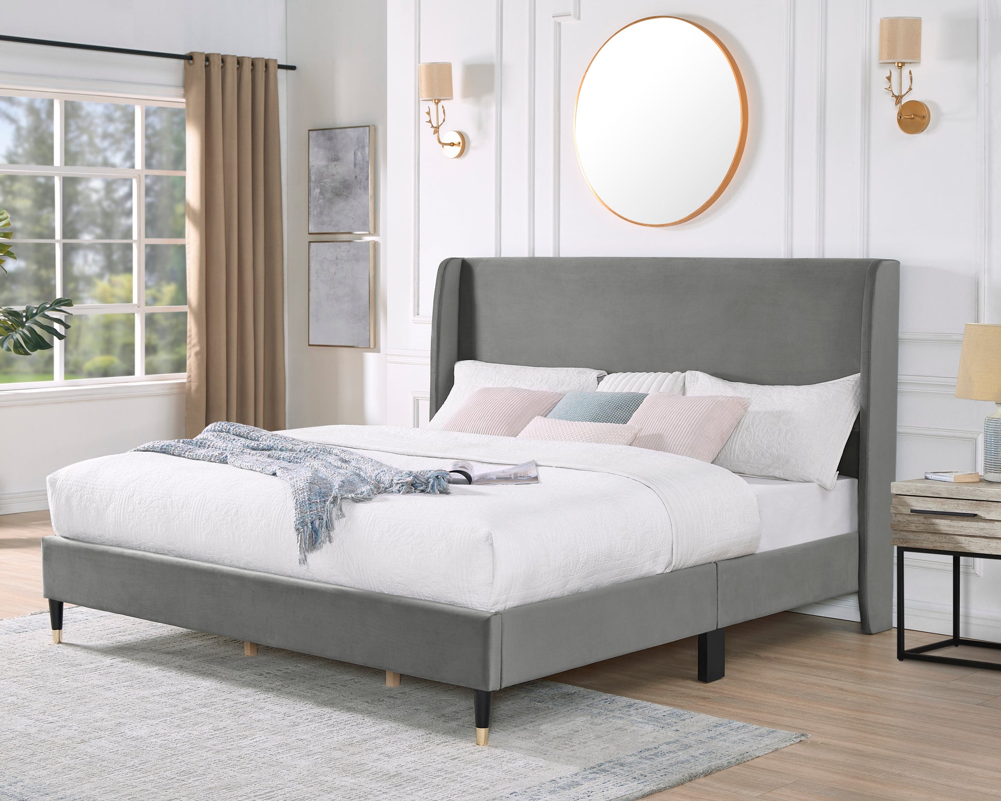 Rozitta Gray Velvet Wingback Platform Bed, King Box Spring Not Required King Gray Wood Bedroom Contemporary Wingback Mdf Velvet Particle Board Mdf