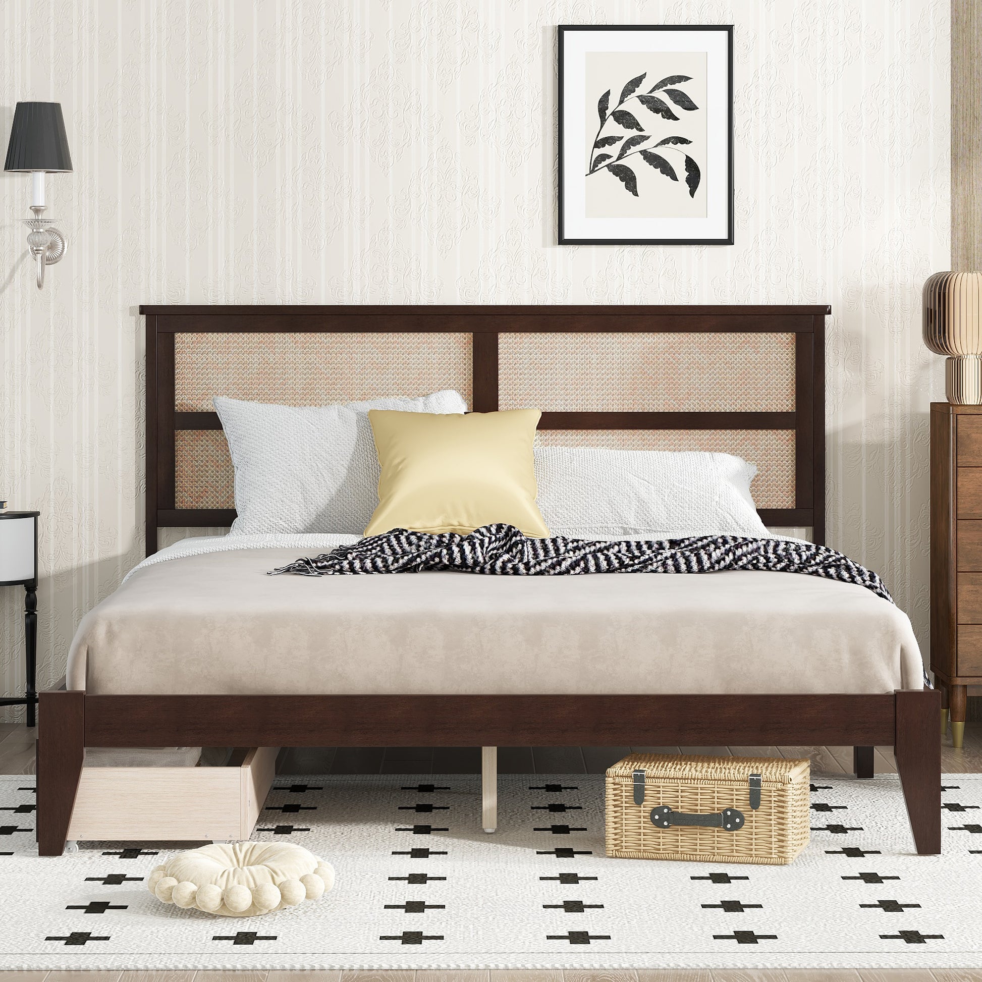 King Size Bed With Rattan Headboard, Two Storage Drawers, Rubber Wood Bed With Enhanced Support Salts And Feet,Espresso King Espresso Rubber Wood