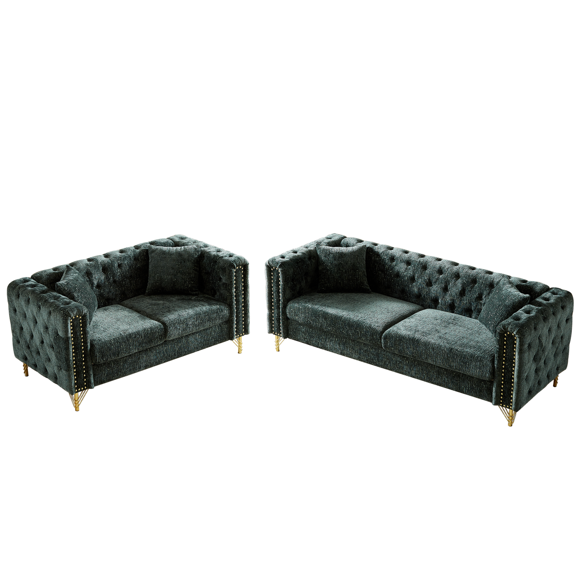 Chenille Pull Buckle Design Sofa For Living Room,Buttons Tufted With Copper Nail Decoration Armrest, Modern Couch Upholstered Button And Metal Legs Green Foam Chenille 5 Seat