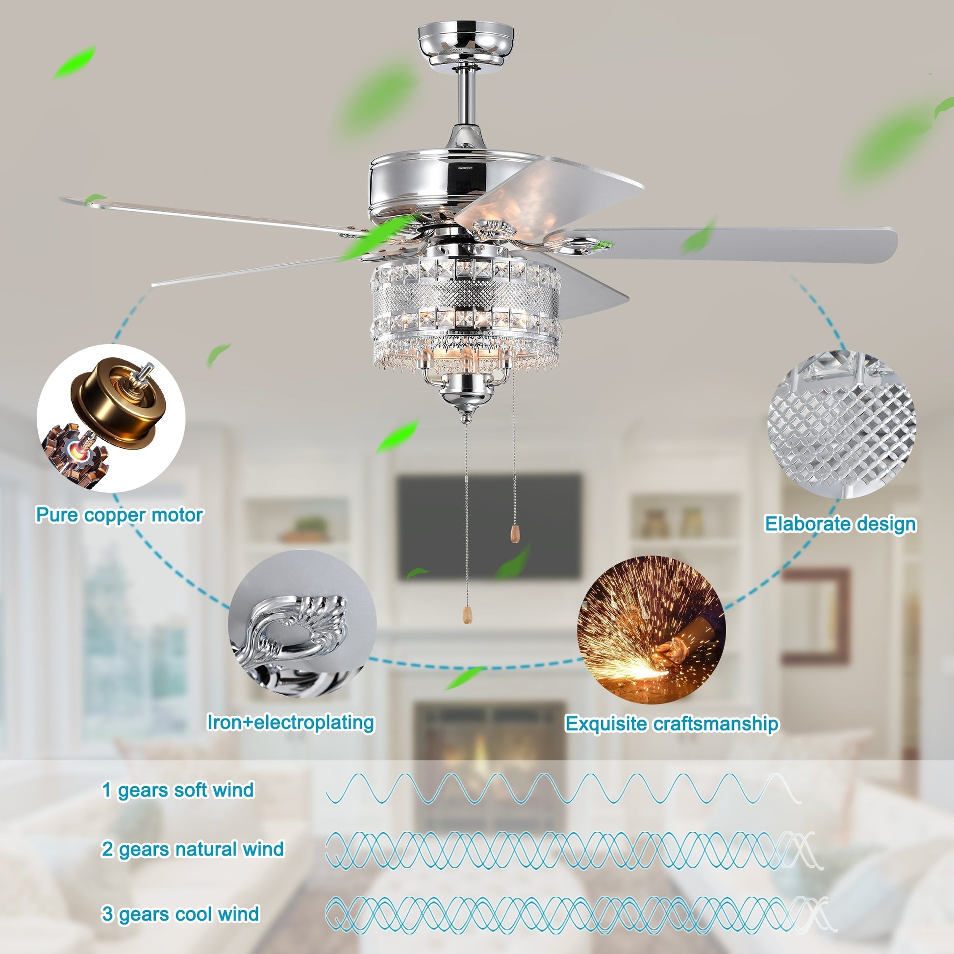 52'' Classical Crystal Ceiling Fan Lamp 5 Reversible Blades For Living Room, Dining Room, Bedroom, Family Room, Chrome Hand Pull Chain Chrome American Traditional,Antique,Classic,Contemporary Crystal Metal