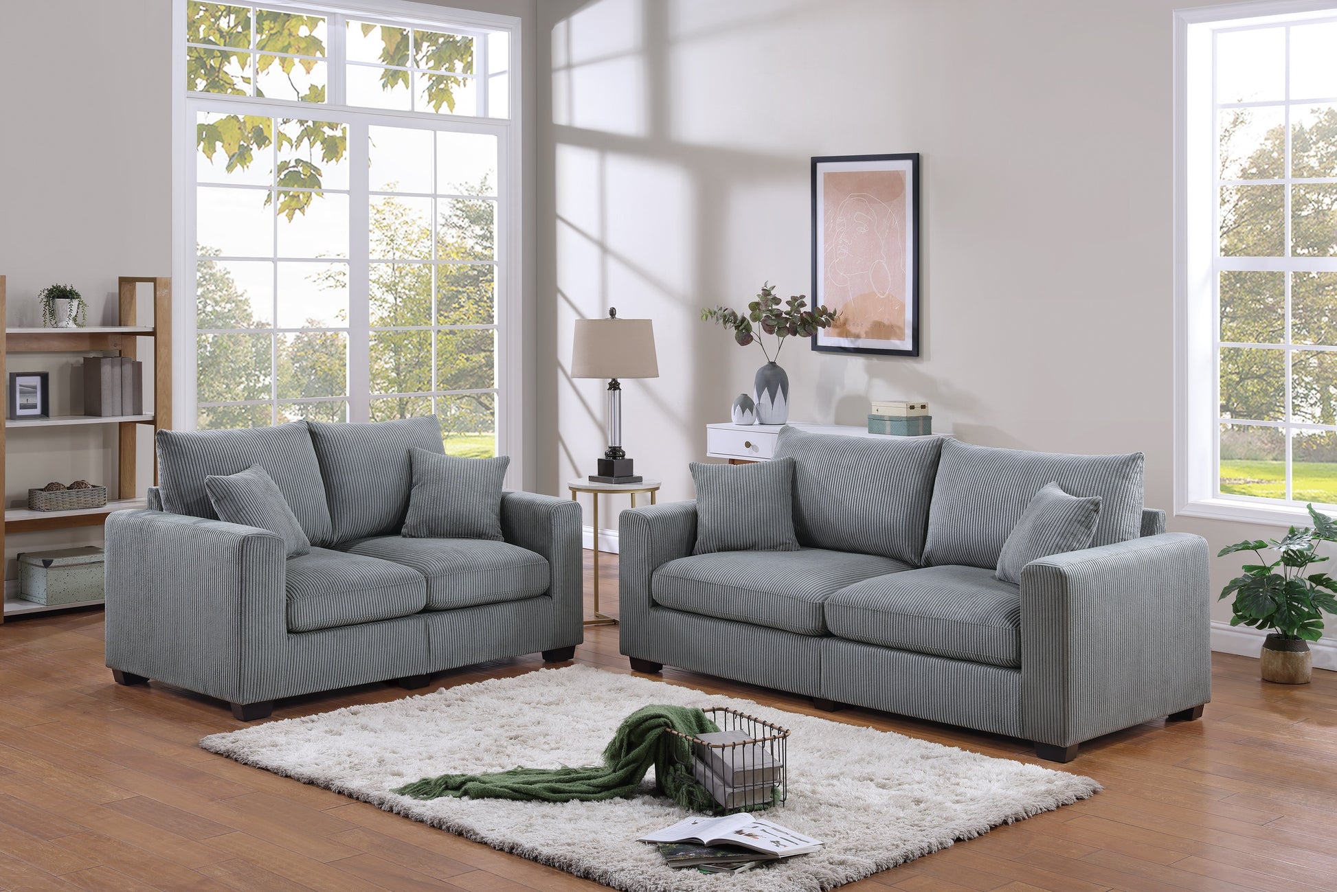 Classic Living Room 2Pc Sofa Set Fog Corduroy Sofa And Loveseat W Pillows Square Arms Plush Couch Fog Primary Living Space Cushion Back Classic,Contemporary,Modern Rubberwood Square Arms Corduroy 4 Seat