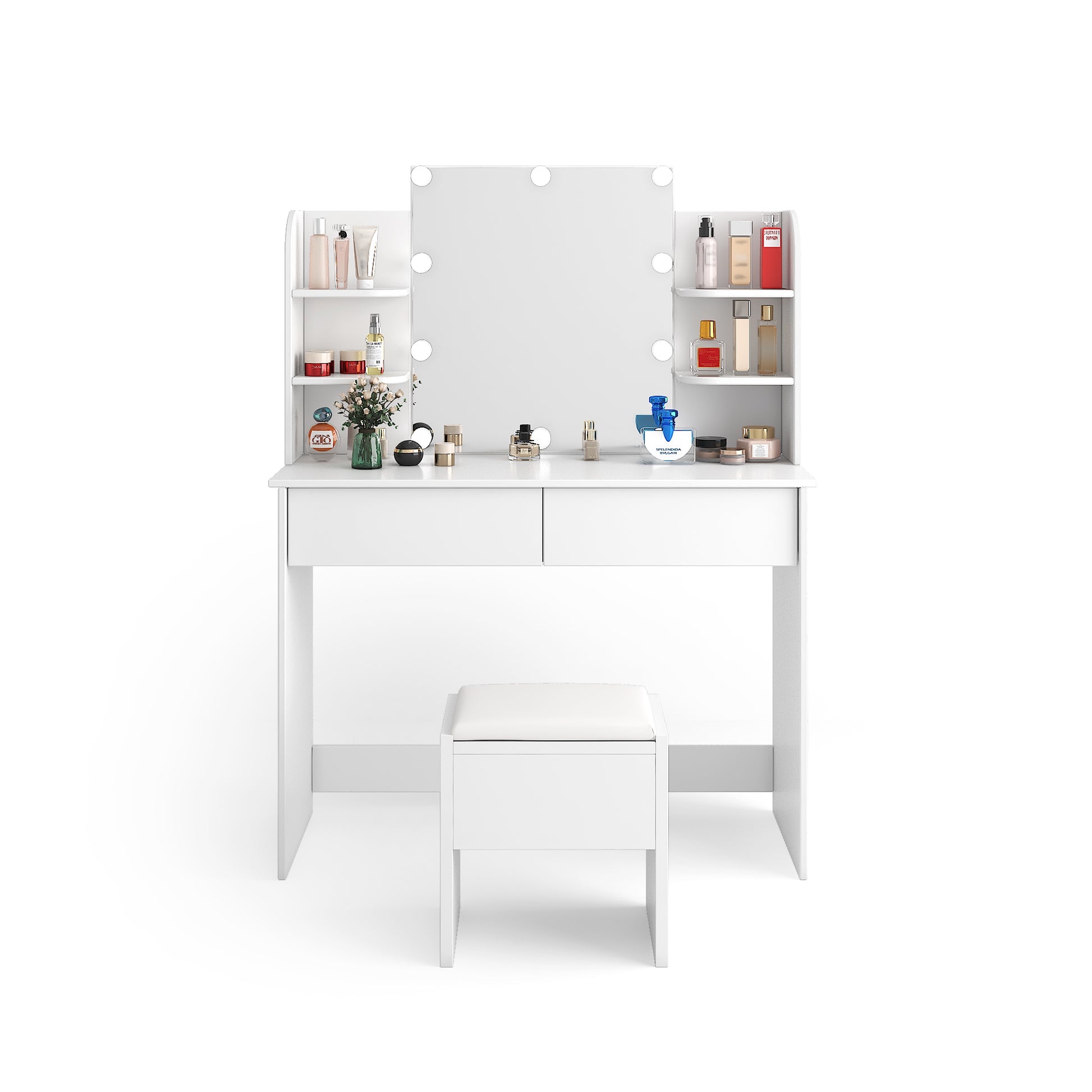 Modern Dressing Table With 2 Drawers, 4 Open Shelves Rectangular Makeup Table With Mirror, 10 Lamp Bulb,42.52*15.75* 52.76Inch,For Bedroom White Particle Board Mdf
