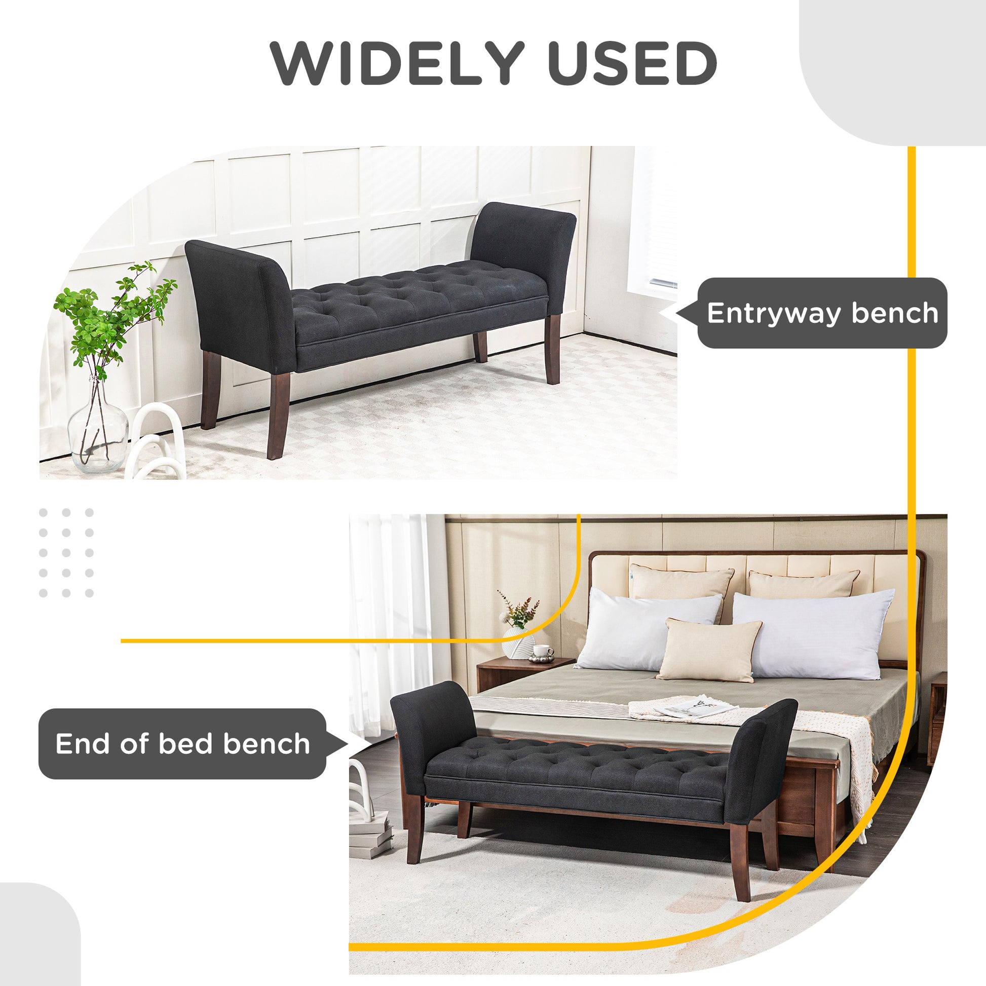 Homcom End Of Bed Bench With Button Tufted Design, Upholstered Bedroom Entryway Bench With Arms And Solid Wood Legs For Bedroom, Black Black Wood