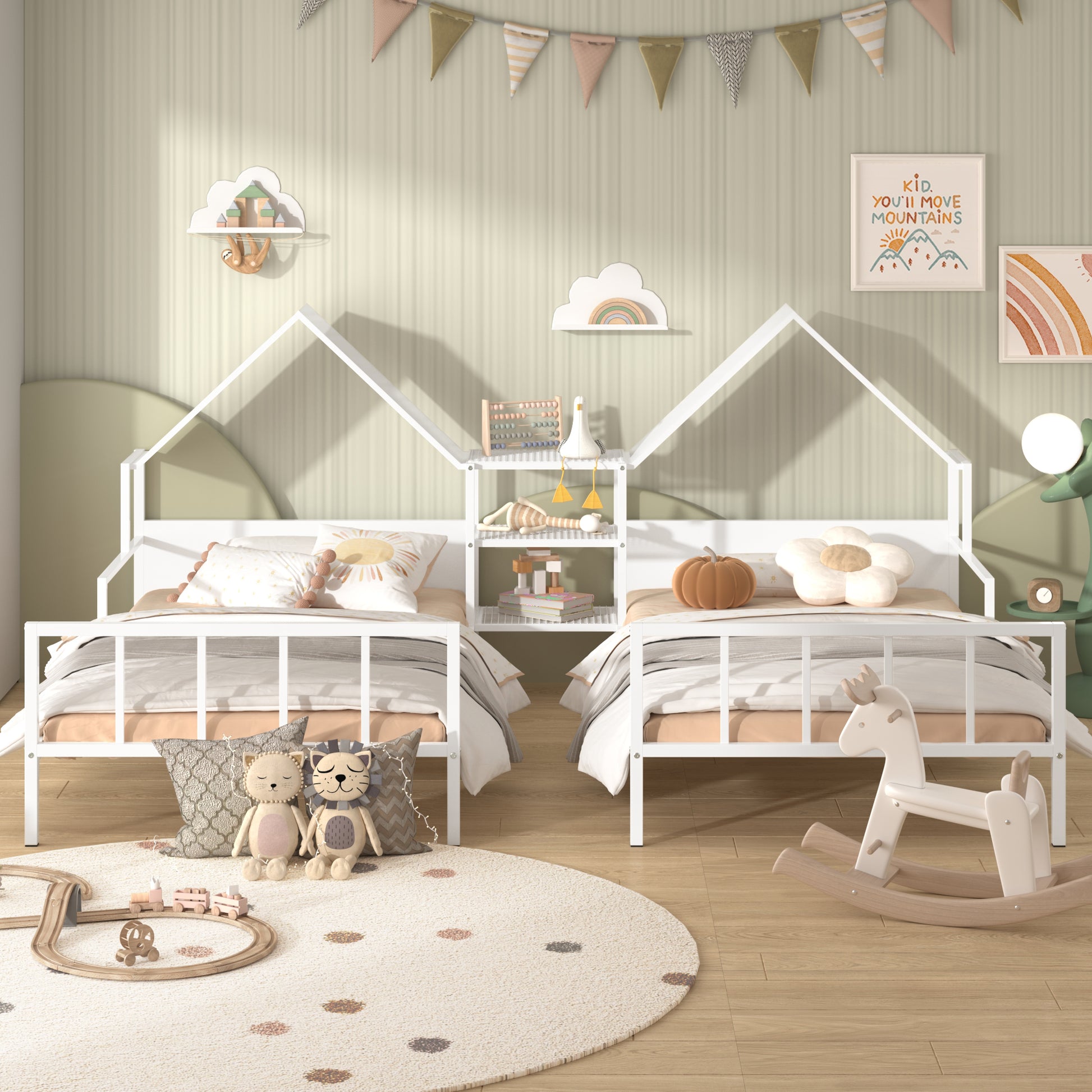 Metal Double Twin Size Platform Bed With House Shaped Headboard And A Built In Nightstand, White Box Spring Not Required Twin White Metal Metal