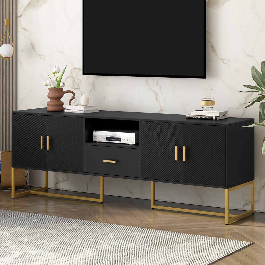 Modern Tv Stand For Tv Up To 70 Inches,Tv Cabinet With 1 Drawer, 2 Cabinets And Metal Legs, Handles And Anti Tip Device For Living Room Black 70 79 Inches Mdf