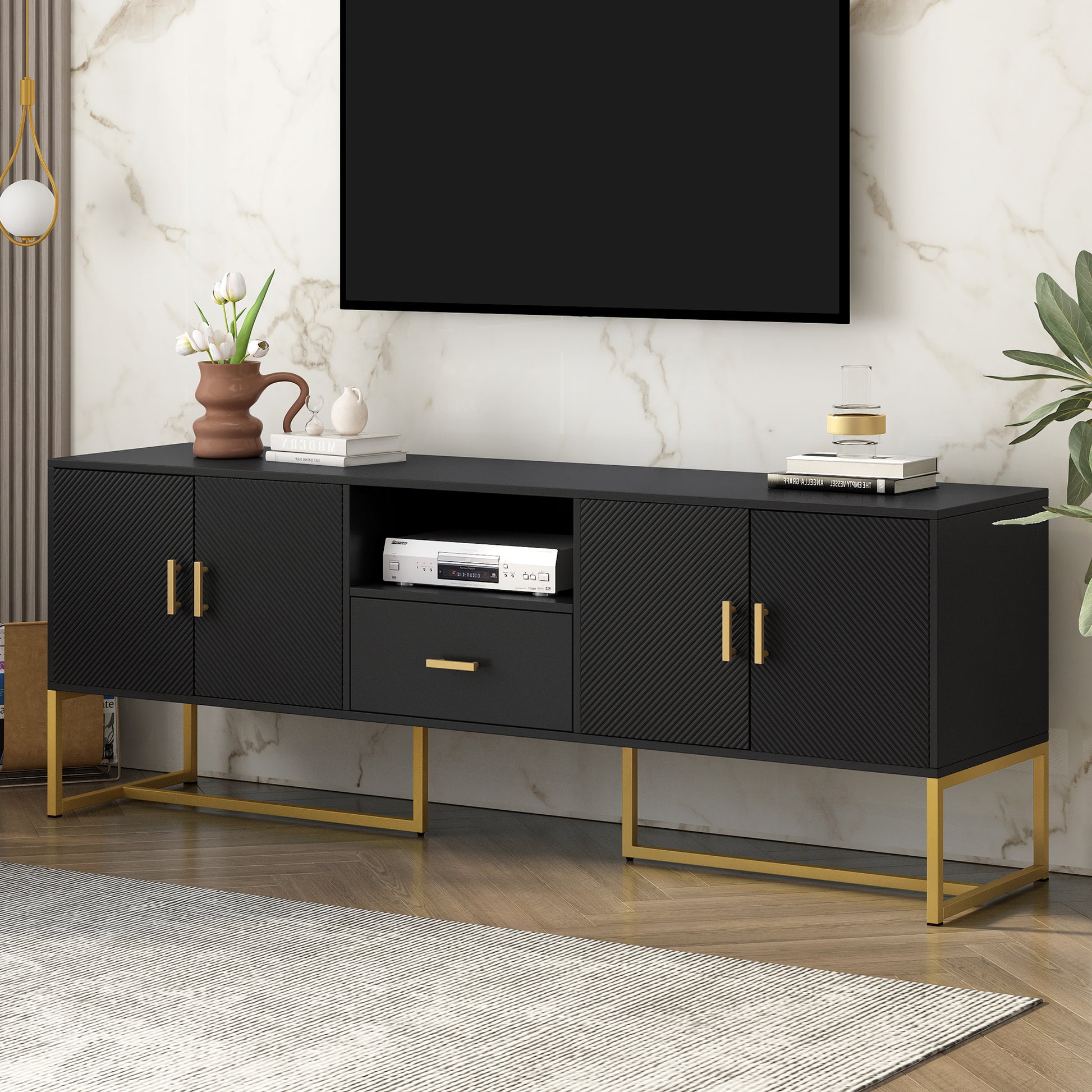 Modern Tv Stand For Tv Up To 70 Inches,Tv Cabinet With 1 Drawer, 2 Cabinets And Metal Legs, Handles And Anti Tip Device For Living Room Black 70 79 Inches Mdf