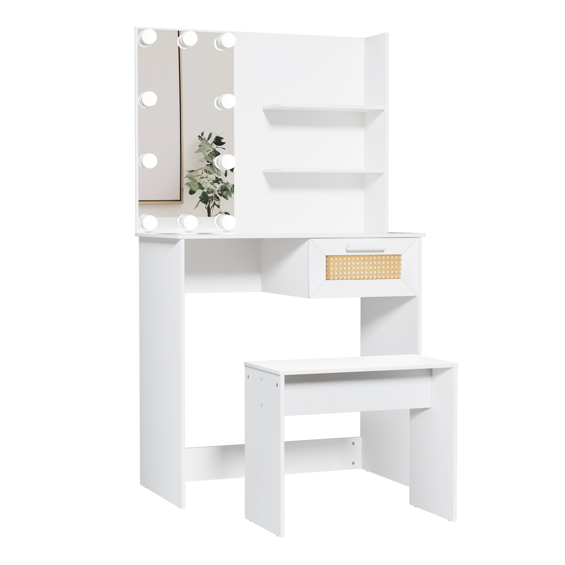 Vanity Desk Set Stool & Dressing Table With Led Lighting Mirror Drawer And Compartments Modern Wood Cosmetic Table Chest Of Drawers White Color Glossy White 1 Drawer Wood