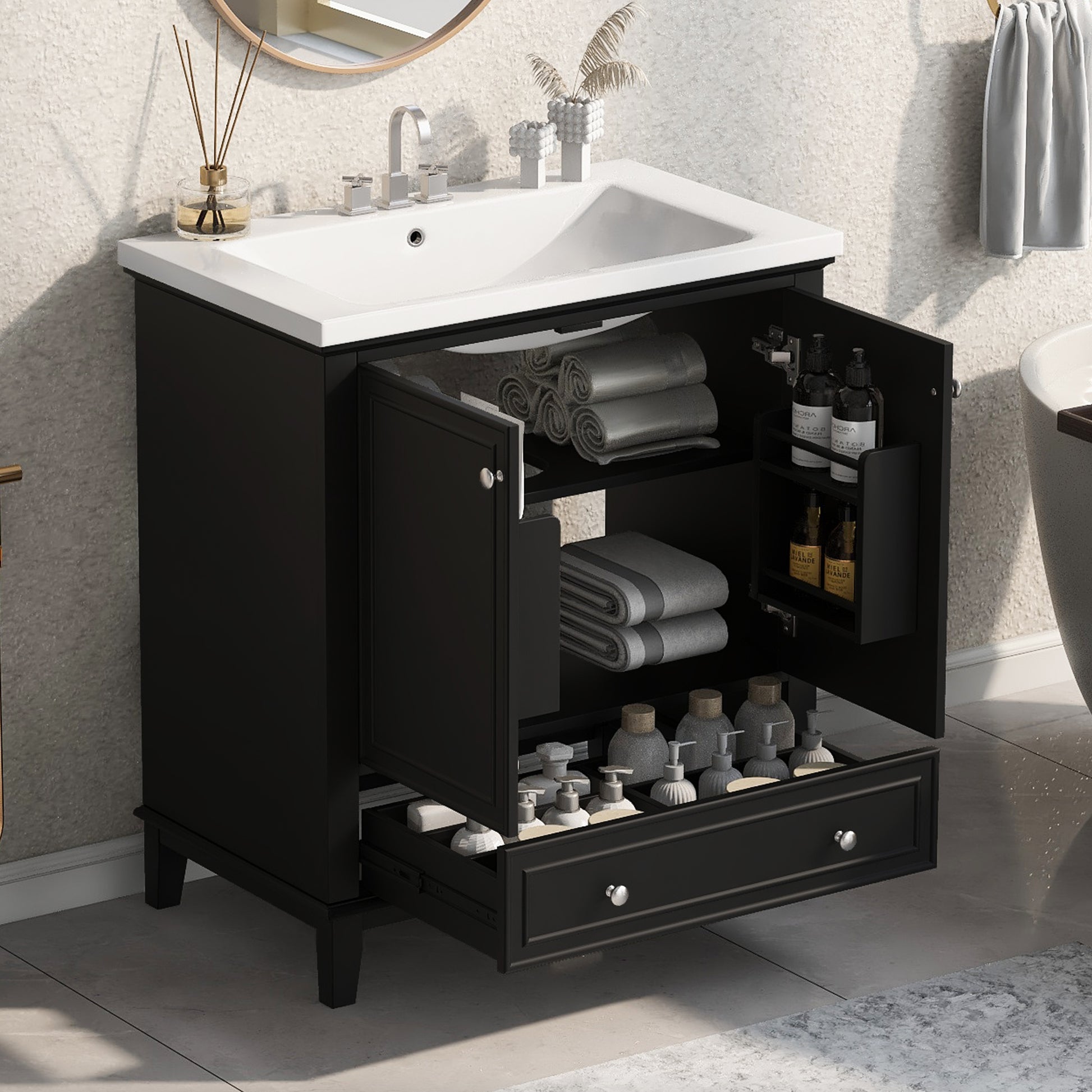 30" Bathroom Vanity With Sink Combo, Multi Functional Bathroom Cabinet With Doors And Drawer, Solid Frame And Mdf Board, Black Black Solid Wood Mdf