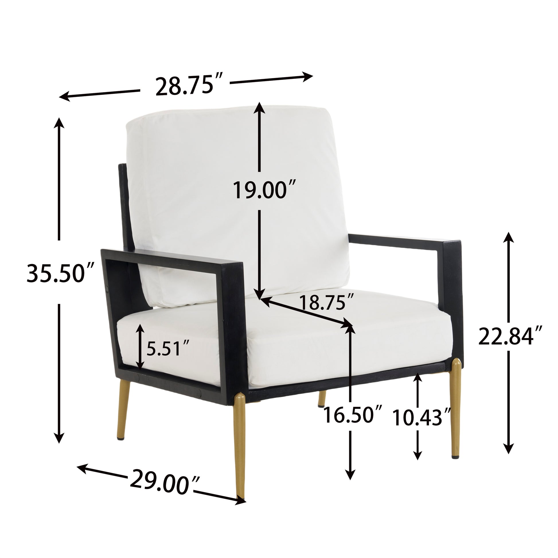 Modern Low Back White Upholstered Accent Armchair With Gold Metal Legs & Rubberwood Frame, Chic Wide Armrest Minimalist Lounge Chair With Pillow Back, Single Sofa Chair For Living Room&Balcony