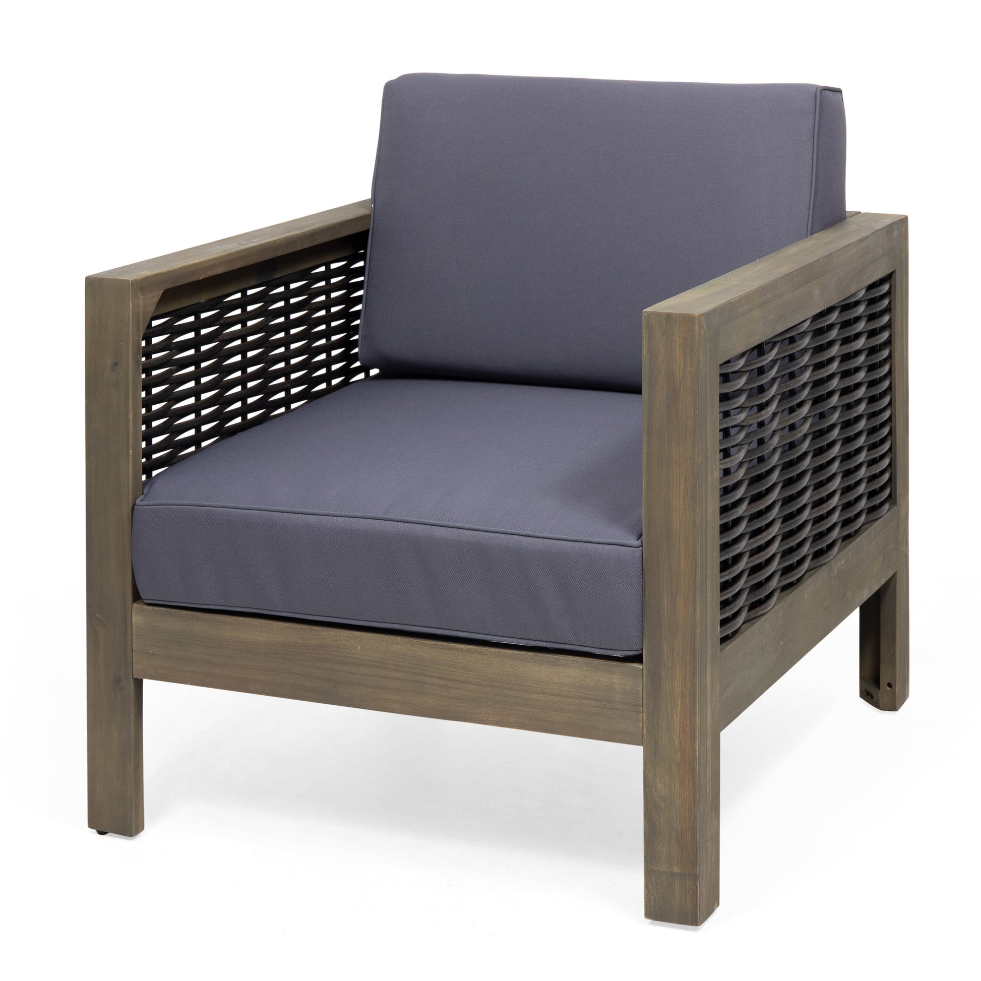 Outdoor Acacia Wood Club Chair With Wicker Accents, Gray Mixed Gray Brown, 30.25"D X 27.5"W X 23.75"H Gray Acacia Wood