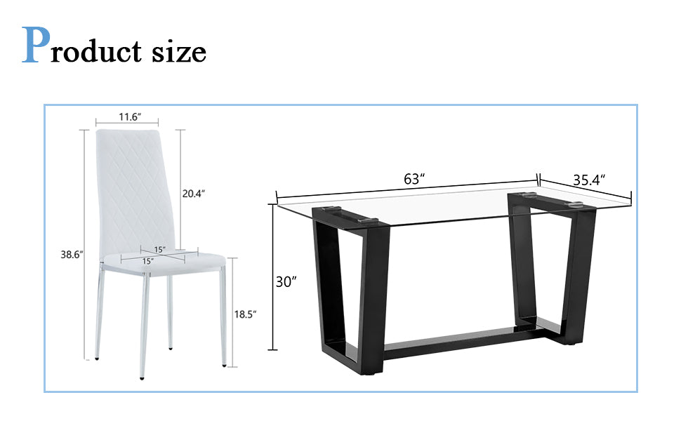 Table And Chair Set.A Rectangular Dining Table Features With Tempered Glass Top And Sleek Black Mdf Stand.Paried With 4 Pu Chairs With Checkered Armless High Back And Electroplated Metal Legs. Transparent,White Seats 4 Mdf Glass