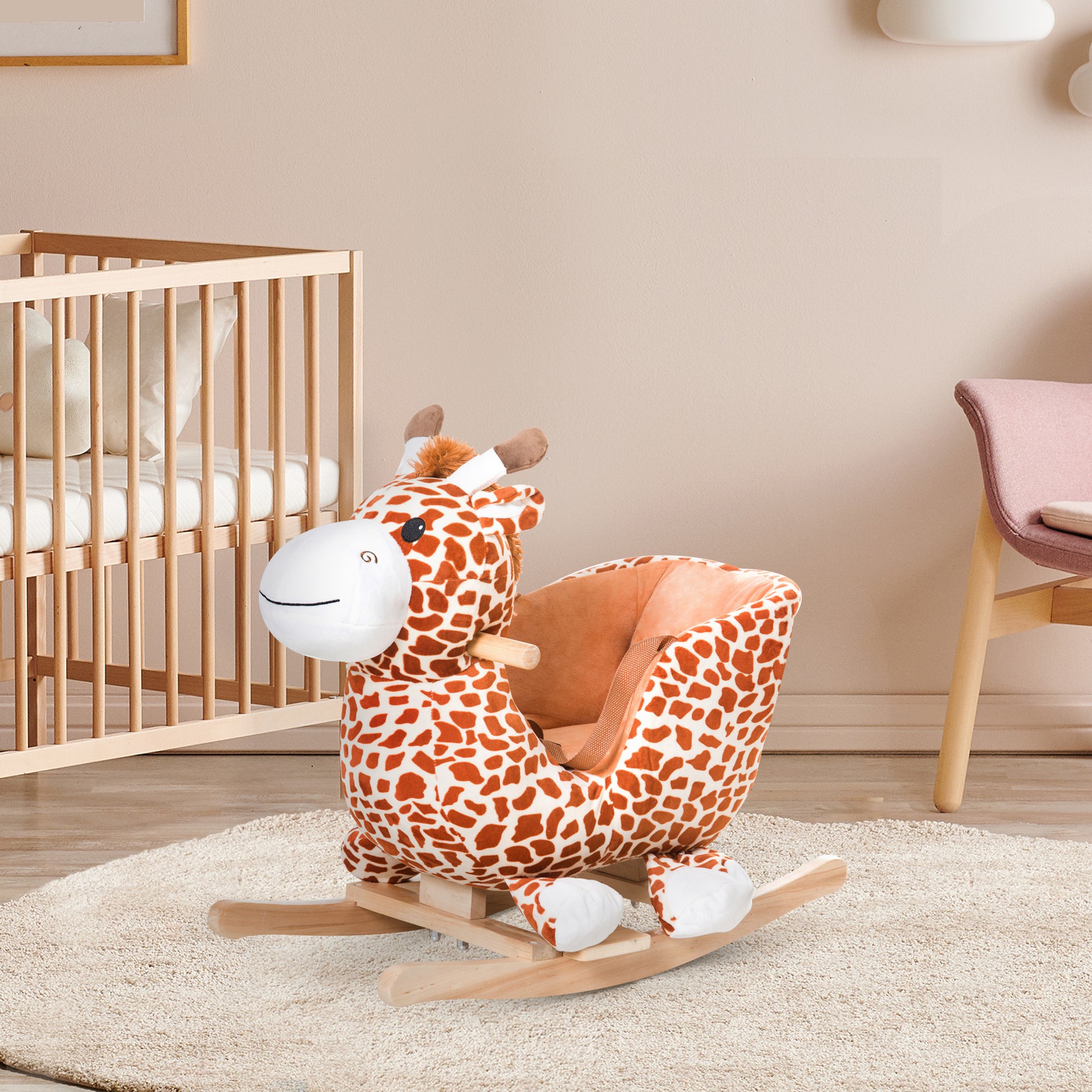 Qaba Kids Plush Rocking Horse Giraffe Style Themed Ride On Chair Toy With Sound Brown Brown Wood