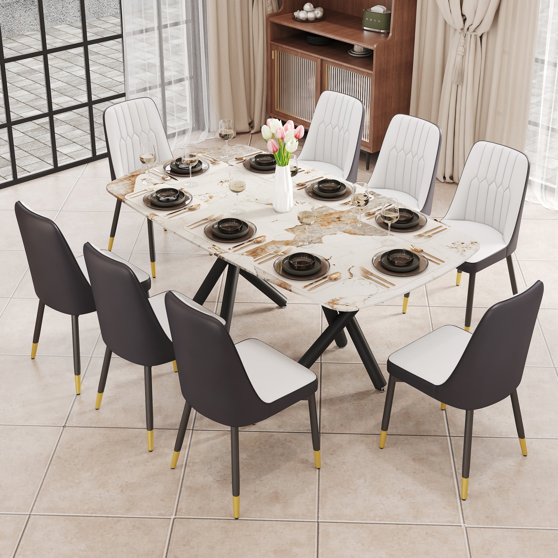 1 Table And 8 Chairs Set.A Rectangular Dining Table With A 0.39 Inch Imitation Marble Tabletop And Black Metal Legs.Paired With 8 Chairs With Pu Leather Seat Cushion And Black Metal Legs.F 1538,C 007 Black Glass Metal