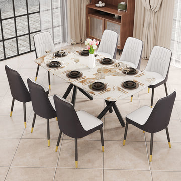 1 Table And 8 Chairs Set.A Rectangular Dining Table With A 0.39 Inch Imitation Marble Tabletop And Black Metal Legs.Paired With 8 Chairs With Pu Leather Seat Cushion And Black Metal Legs.F 1538,C 007 Black Glass Metal