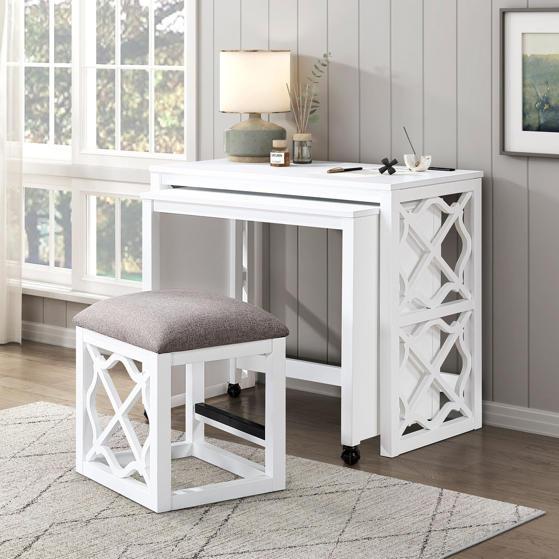 Desks And Stool Set 3Pc White Finish Rolling Desk With Casters, 2 Charging Ports Home Office Furniture White Computer Desk Primary Living Space Contemporary Desk Rectangular Wood