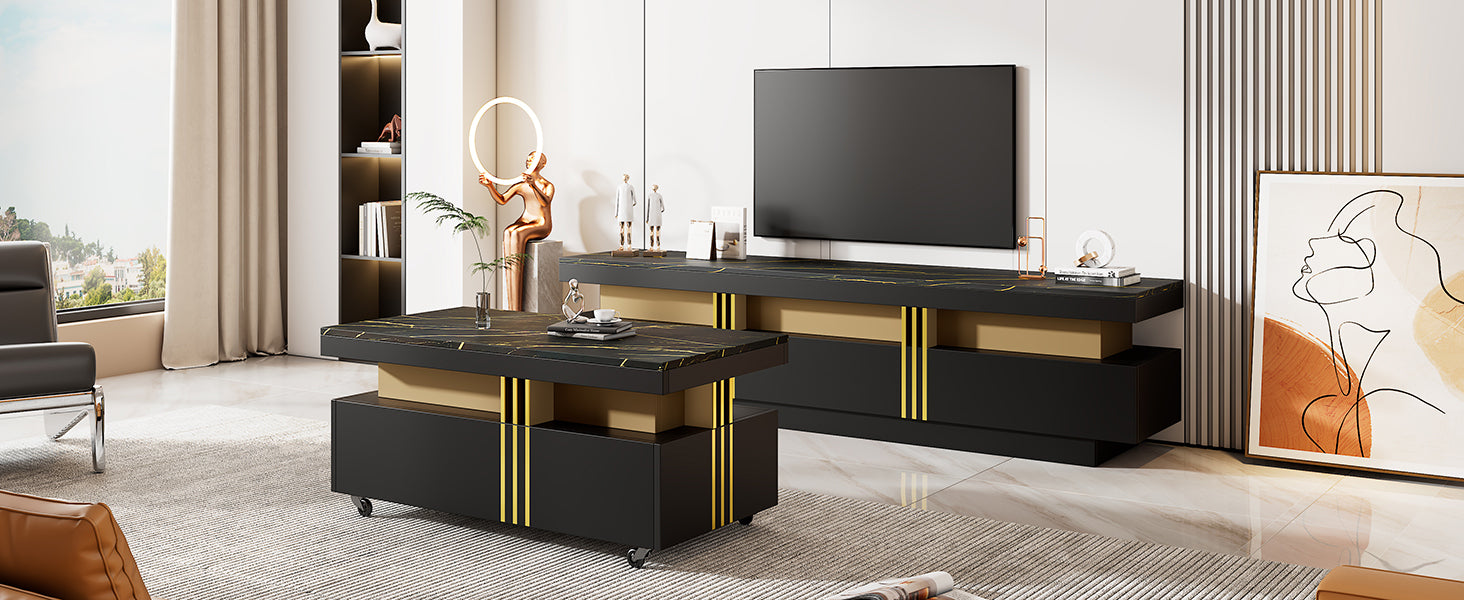 Modern Luxury Tv Stand And Coffee Table Set Of 2, High Gloss Faux Marble Top, Tv Stand For Tvs Up To 78'', Rectangle Coffee Table With Caster Wheels For Living Room, Black Black Gold 70 79 Inches Mdf