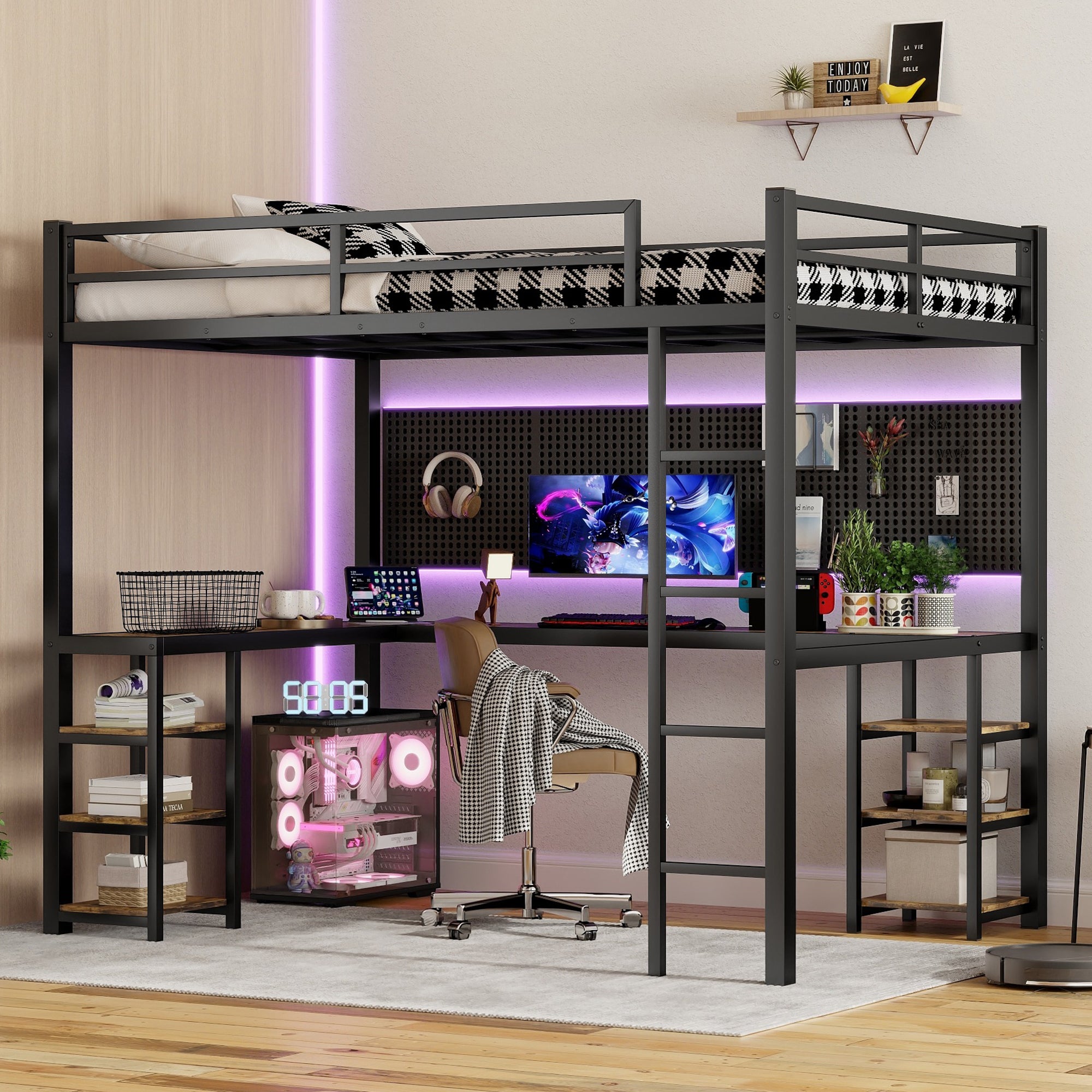 Full Xl Metal Loft Bed With Desk And Shelves, Loft Bed With Ladder And Guardrails, Loft Bed Frame For Bedroom, Black Full Xl Black Metal