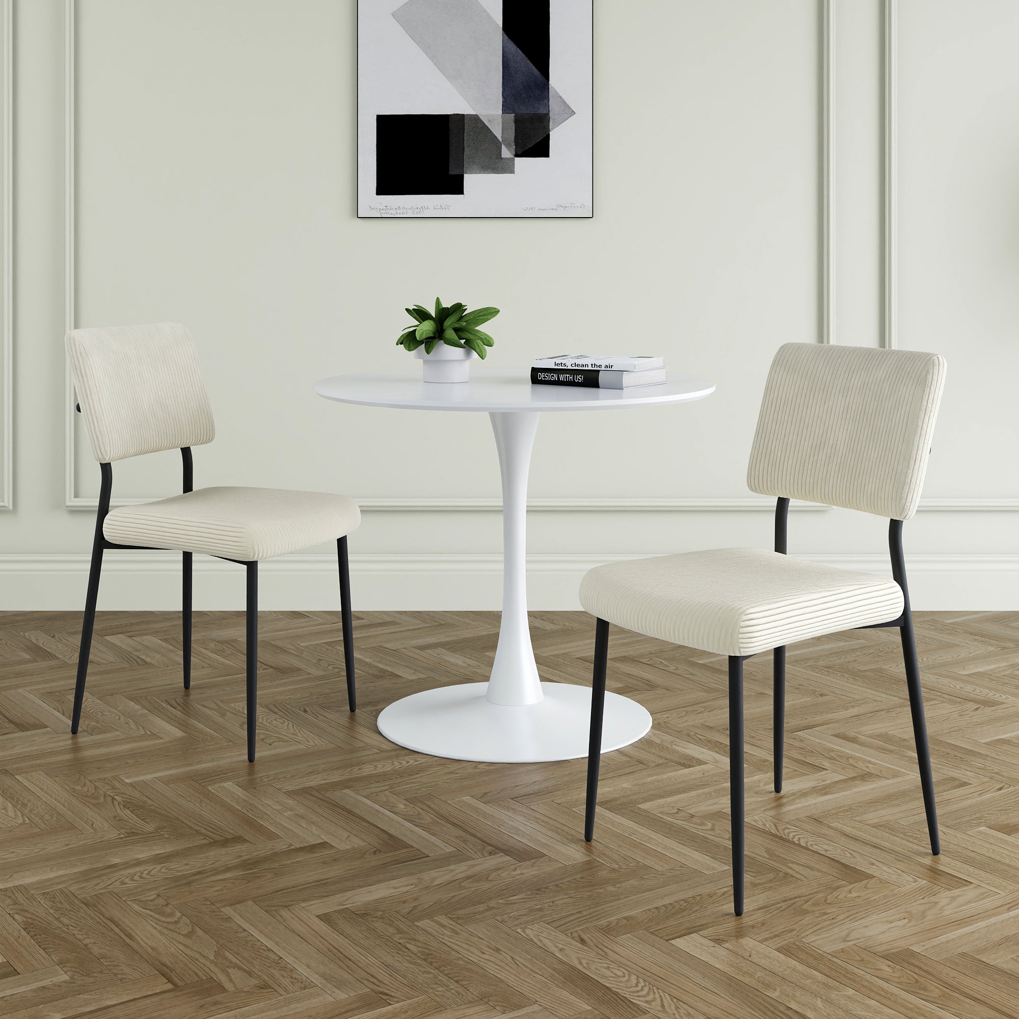 Modern Beige Simple Velvet Dining Chair Fabric Upholstered Chair Home Bedroom Stool Back Dressing, White Round Table Set, Chair Black Metal Legs Set Of 3 White Mdf