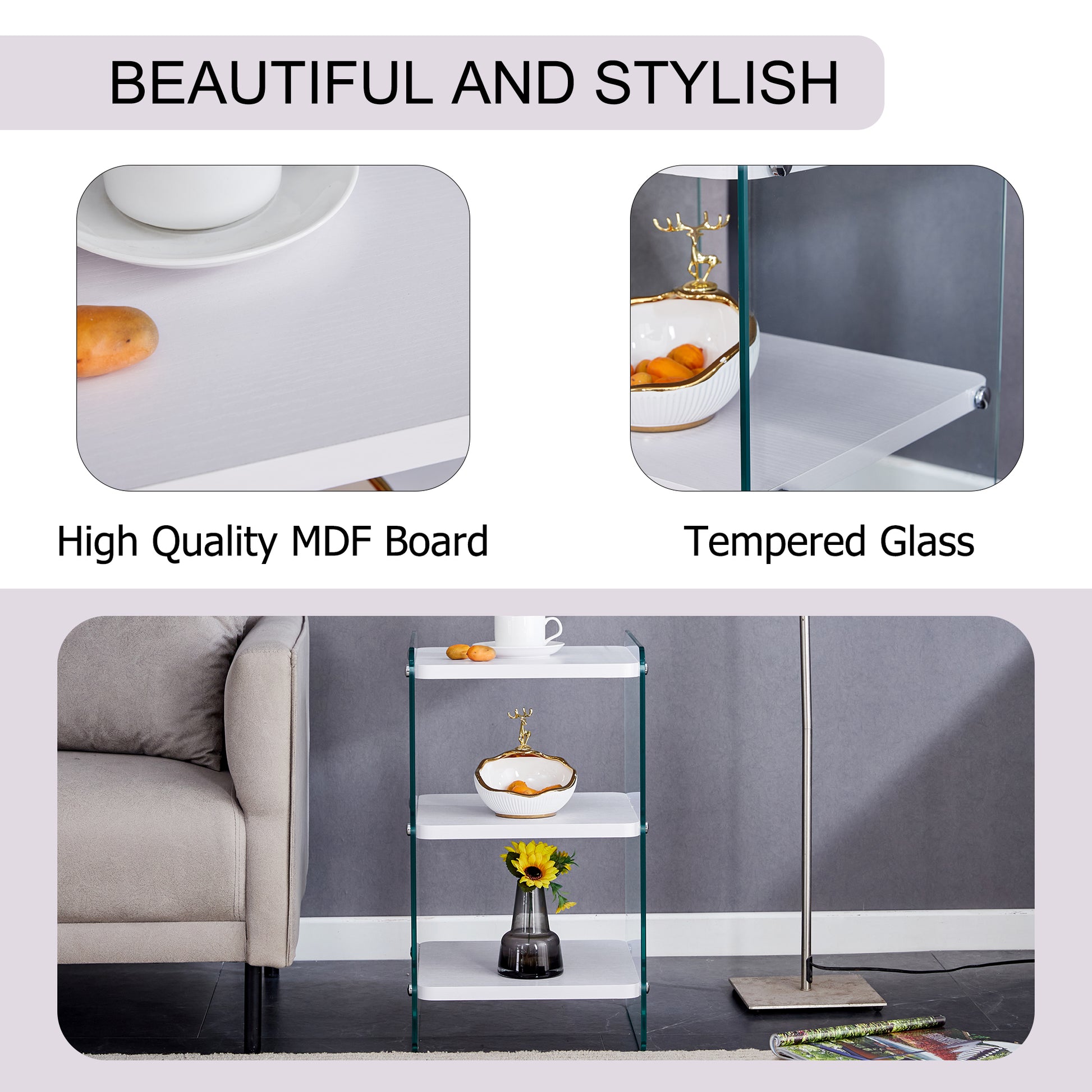 Three Levels Of Bedside Tables. The Board Surface Is Mdf, With White Stickers, And Both Sides Are Transparent Tempered Glass. The Design Is Simple And Generous, With Storage Function. White Mdf Glass