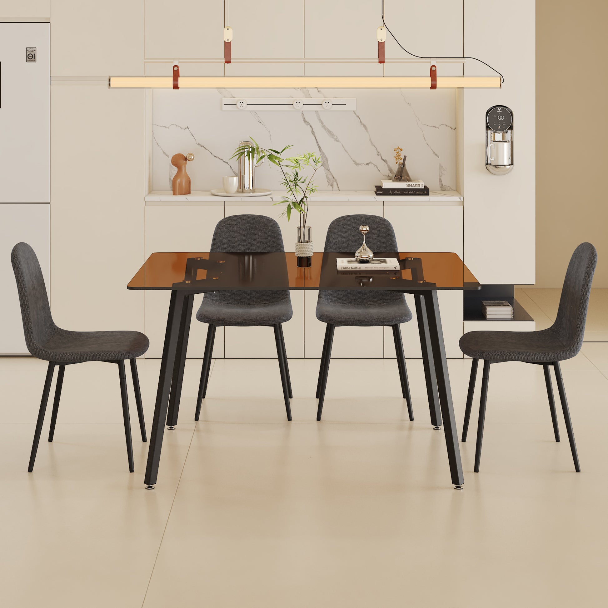 Table And Chair Set.Large Modern Rectangular Table With Brown Glass Top And Silver Metal Legs. Paired With 4 Dark Gray Chairs With Soft Linen Fabric Cushions And Black Metal Legs. Dark Gray,Silver