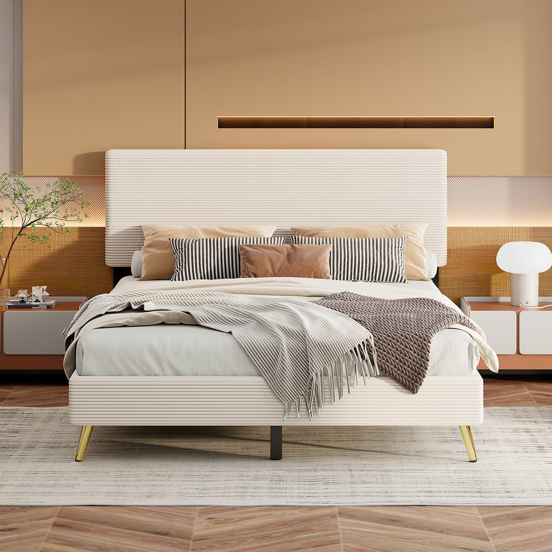 Queen Size Corduroy Upholstered Bed Frame, Platform Bed With Horizontal Stripe Headboard, No Box Spring Needed, Beige Queen Beige Bed Frame Solid Wood Mdf