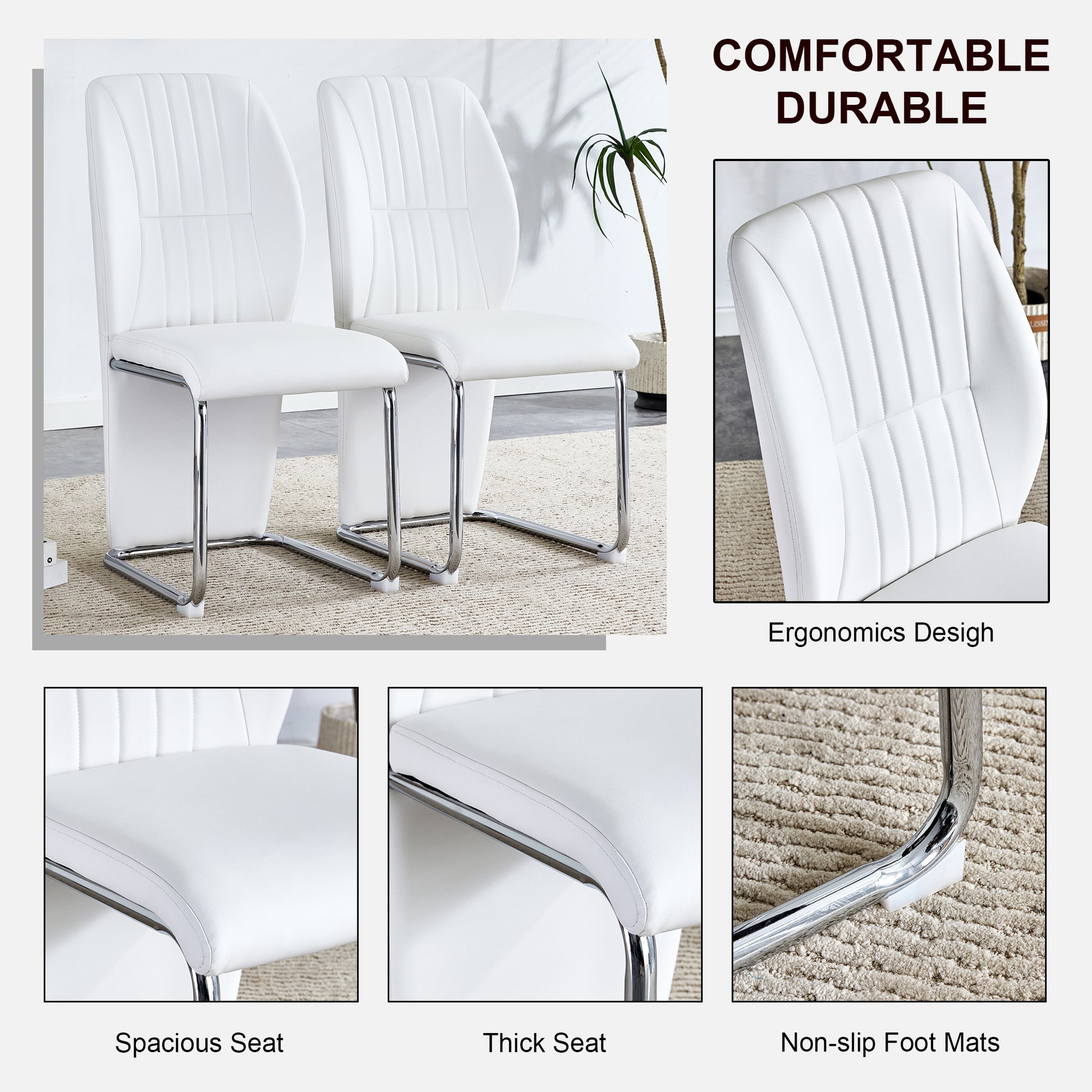 Table And Chair Set, Modern Luxurious White Imitation Marble Pattern Mdf Dining Table,Rectangular Dining Table, Matched With Uniquely Shaped Pu High Backrest Seats,Suitable For Various Occasions. White Seats 4 Mdf