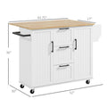 Homcom Kitchen Island With Drop Leaf, Rolling Kitchen Cart On Wheels With 3 Drawers, 2 Cabinets, Natural Wood Top, Spice Rack And Towel Rack, White White Rubber Wood
