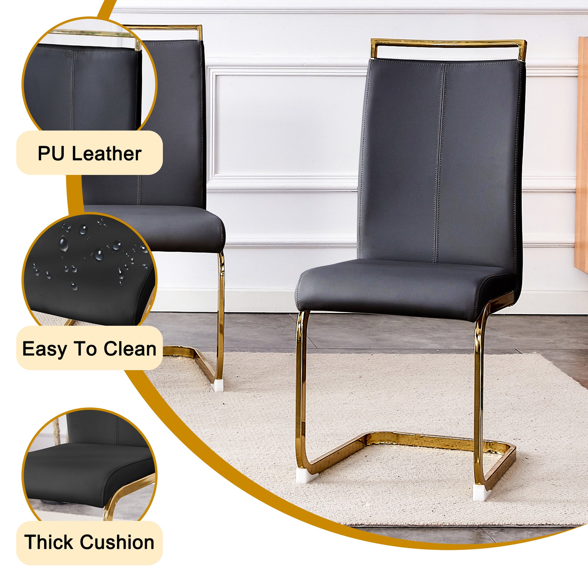 Table And Chair Set.Modern Rectangular Dining Table With Black Textured Stickers Glass Tabletop And Gold Plated Metal Legs.Paried With 6 Comfortable Chairs With Pu Seats And Golden Metal Legs. Black Gold Seats 6 Glass Metal