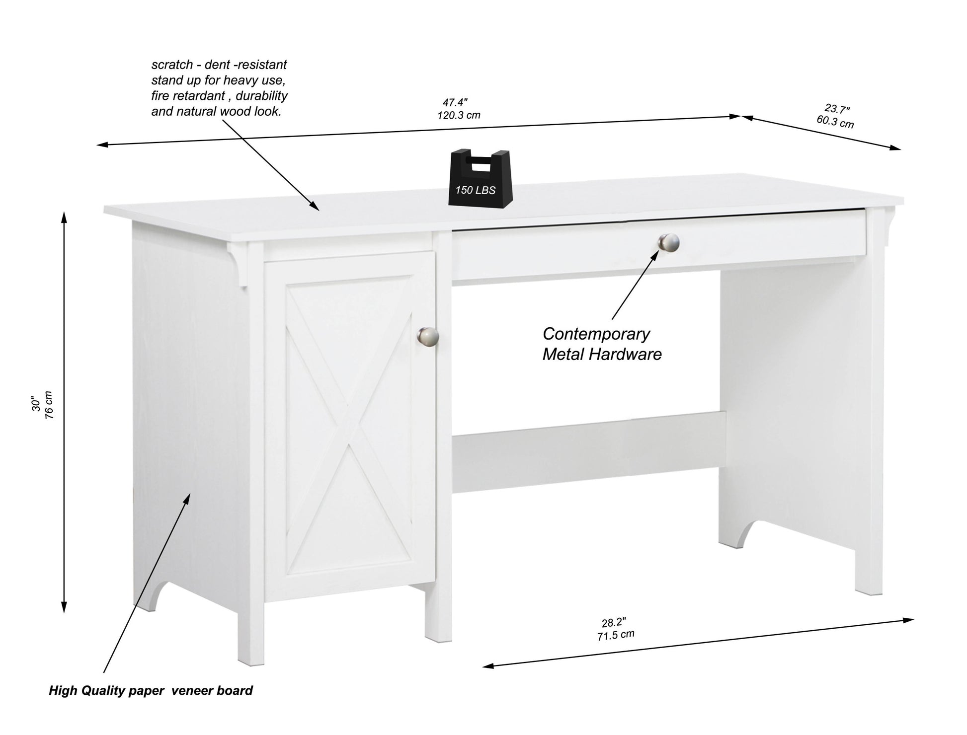 47" Writing Desk Elegant White Desk With Spacious Storage, Multifunctional Computer Desk With Drawer, Versatile Office Writing Table With Modern Metal Hardware, Cable Management System Included White Solid Wood