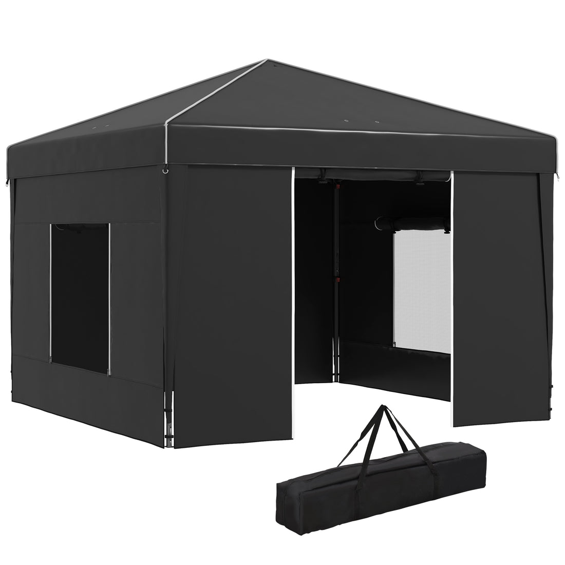 Outsunny 9.7' X 9.7' Pop Up Canopy With Sidewalls, Portable Canopy Tent With 2 Mesh Windows, Reflective Strips, Carry Bag For Events, Outdoor Party, Vendor Canopy, Black Black Steel