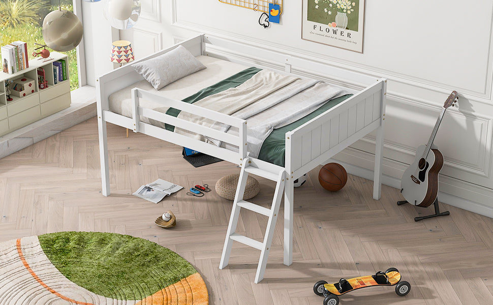 Full Size Wood Low Loft Bed With Ladder, Ladder Can Be Placed On The Left Or Right, White Oid Sku: Gx000366Aak Box Spring Not Required Full White Wood Bedroom Solid Wood Mdf