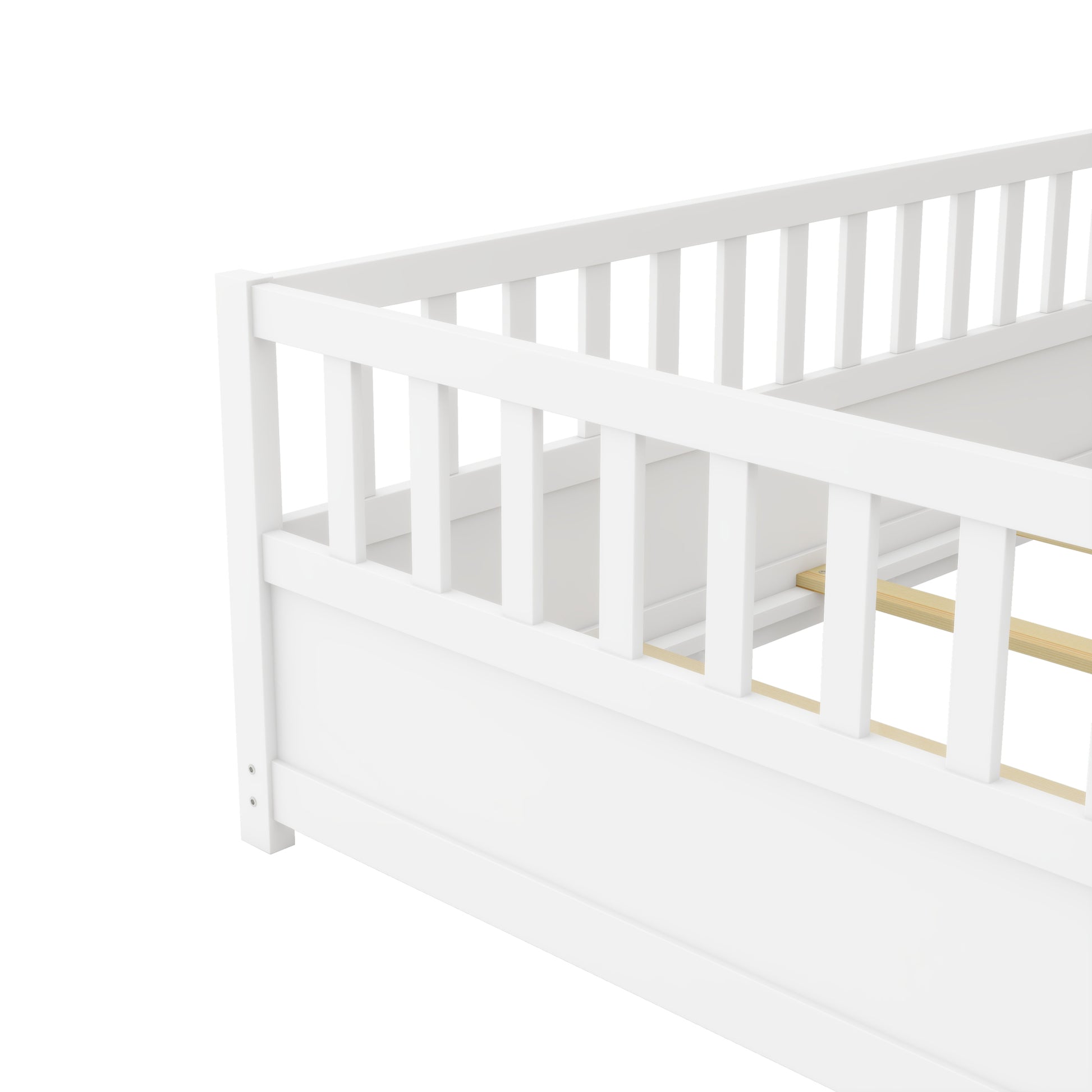 Twin Size Floor Bed, Integral Construction With Super High Security Barrier, Door, Children'S Floor Bed Frame, Montessori Wooden Children'S Floor Bed, Support Slat White Box Spring Required Twin White Wood Brown Bedroom American Design,Artsy Pine Bed