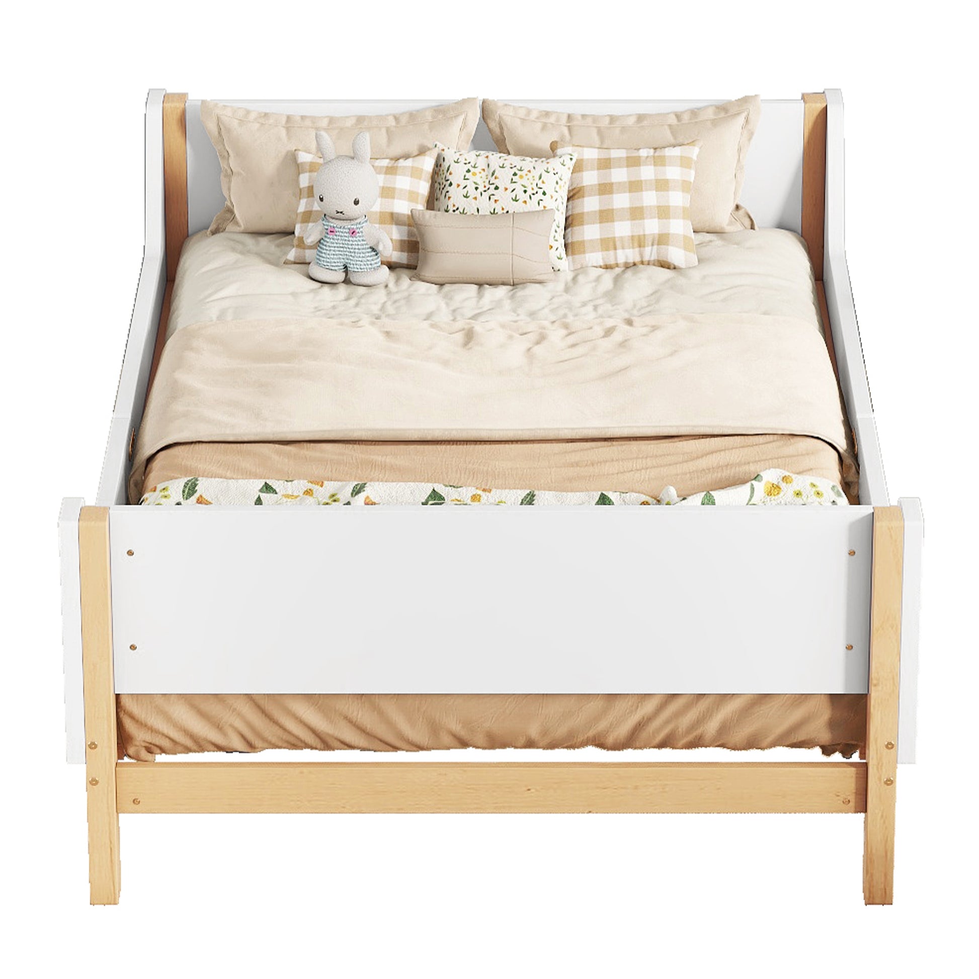 Twin Bed With Headboard, Footboard, Safeguards, Built In Bed End Book Storage Rack ,White Twin White American Design Pine