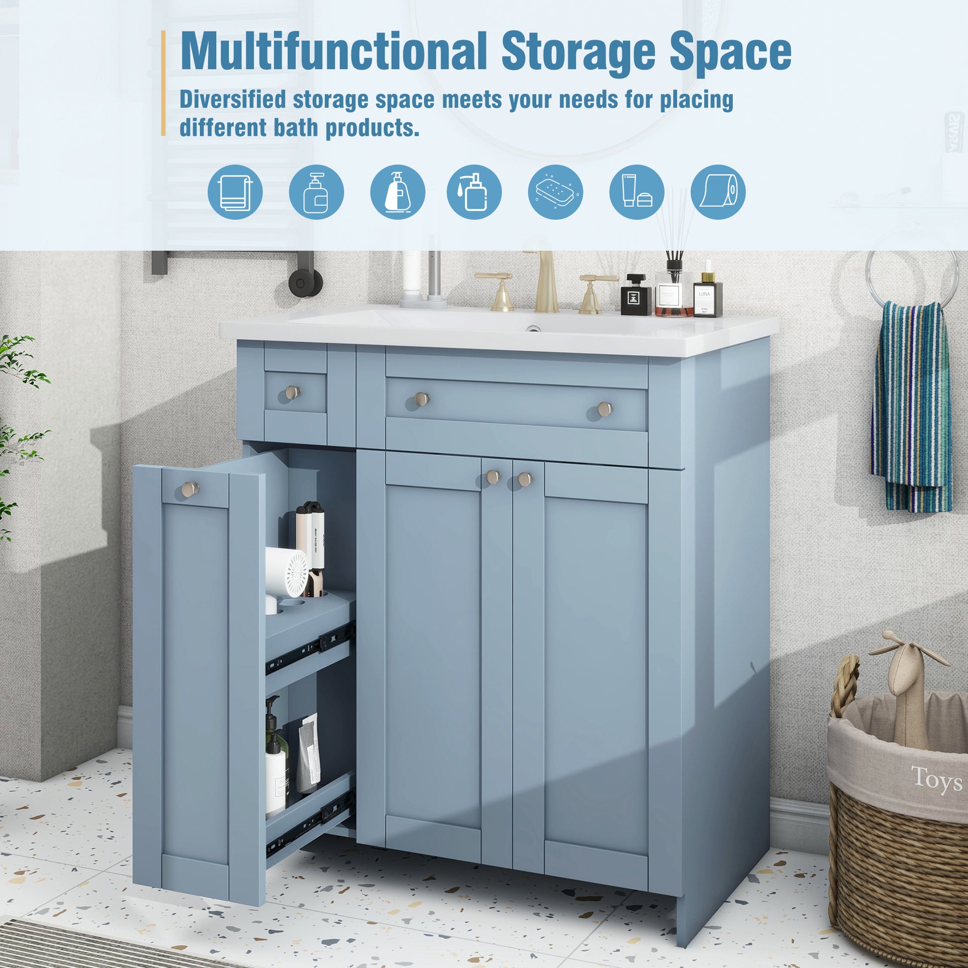 30 Inch Blue Bathroom Vanity With Ceramic Sink Combo, Abundant Storage Cabinet 2 Soft Close Doors And Double Tier Deep Drawer Blue Bathroom Mdf