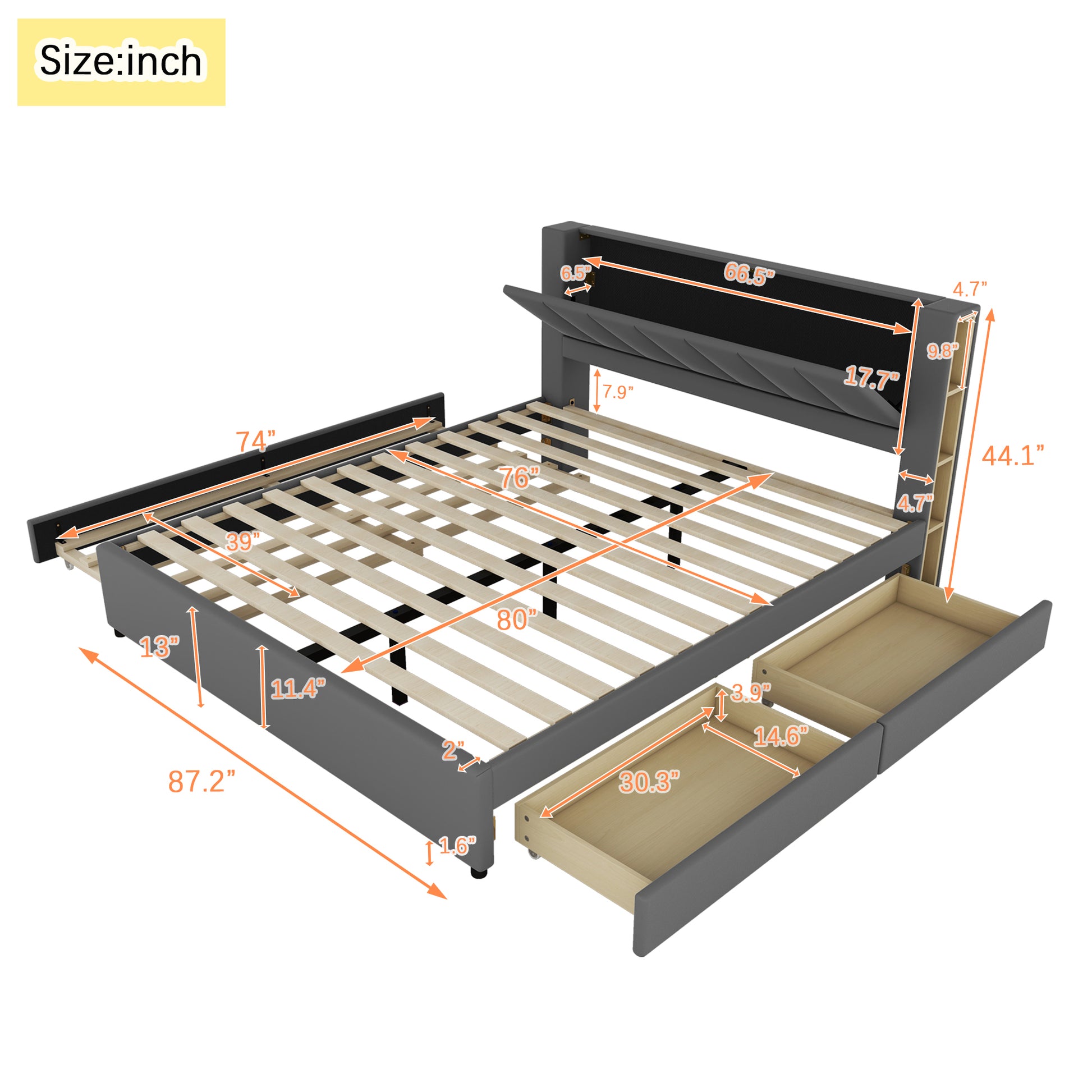 King Size Upholstery Platform Bed With Storage Headboard, 2 Drawers And Trundle, Gray King Gray Upholstered