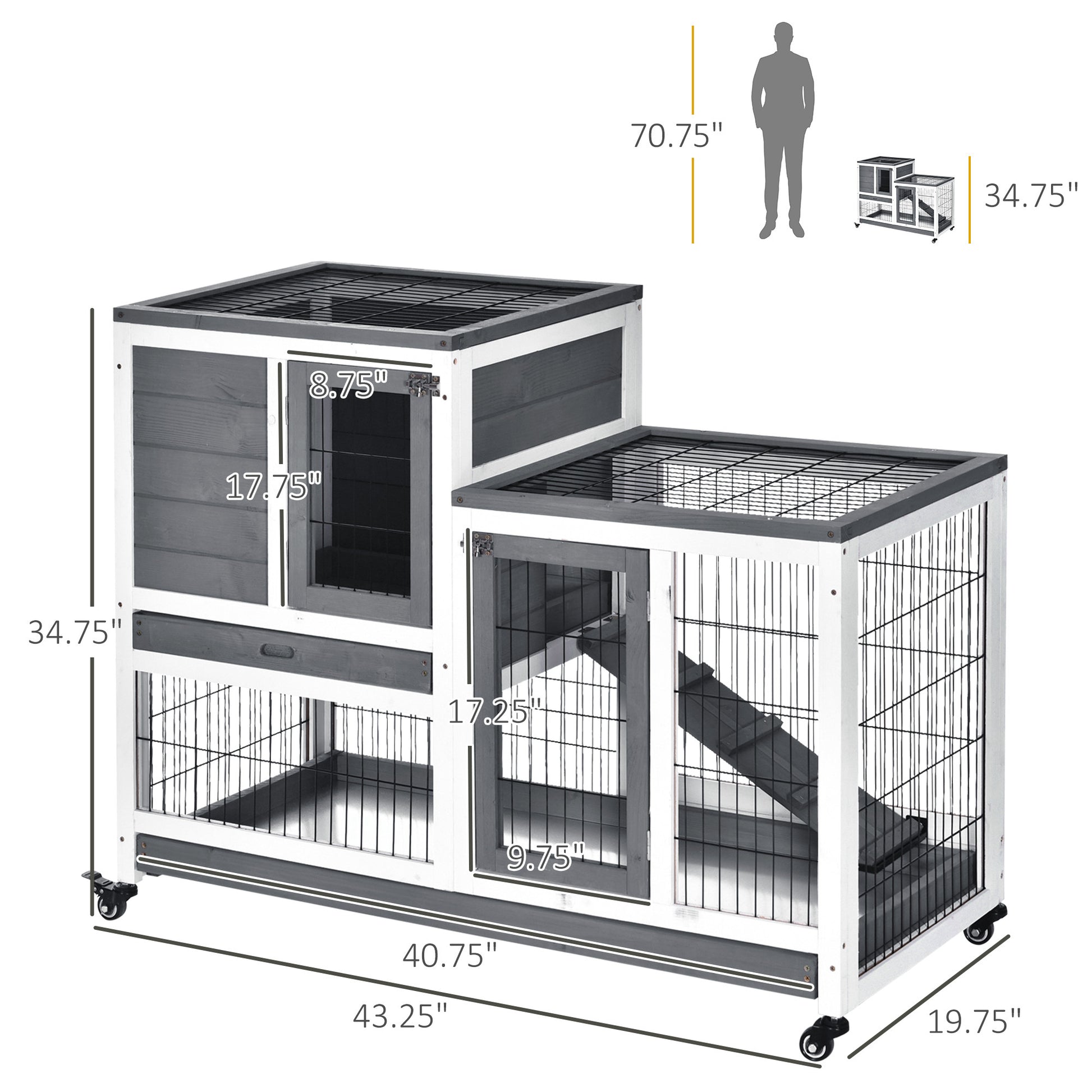 Pawhut Wooden Rabbit Hutch Elevated Bunny Cage Indoor Small Animal Habitat With Enclosed Run With Wheels, Ramp, Removable Tray Ideal For Guinea Pigs, Grey Grey White Wood