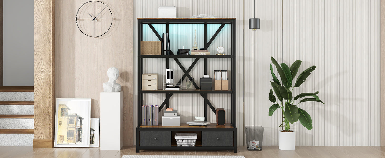 3 Shelf Metal Bookcase With Drawers For Home Office, Open Bookcase, Vintage Industrial Style Bookcase With Led,Vintage Wood Color Vintage Mdf Metal