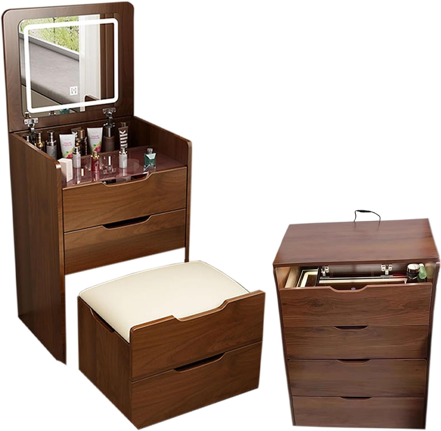 Walnut 3 In 1 Vanity Desk With Plip Top Mirror,Small Make Up Vanity Set With Visible Glass Desktop,Compact Makeup Vanity With 3 Drawers,Cushioned Tool,Dressing Table For Bedroom Walnut Mdf Glass