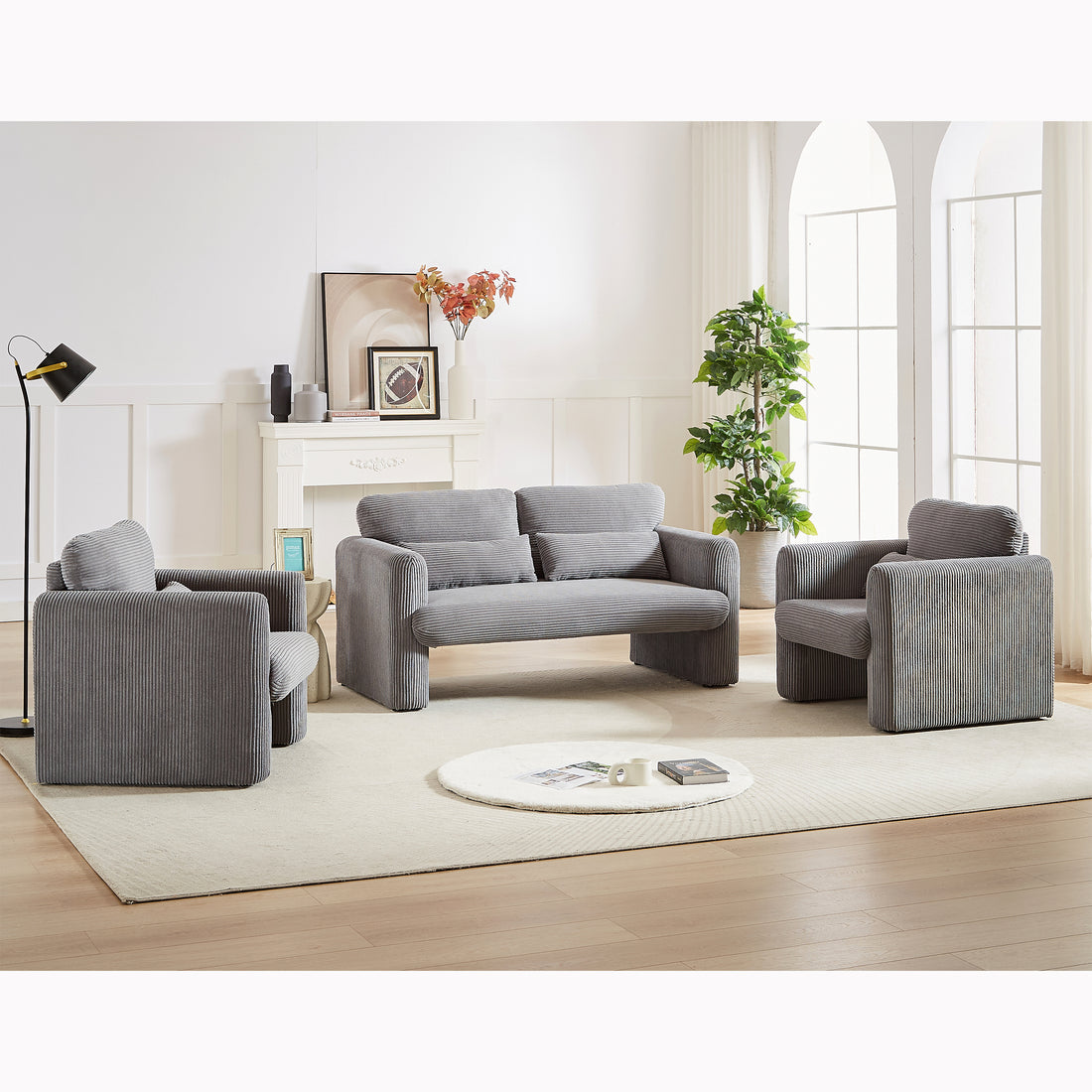 60"Corduroy Fabric Sofa With Two 33" Single Sofa, Modern Sofa With Support Pillow, For Apartment, Office, Living Room & Bedroom Grey Corduroy 4 Seat