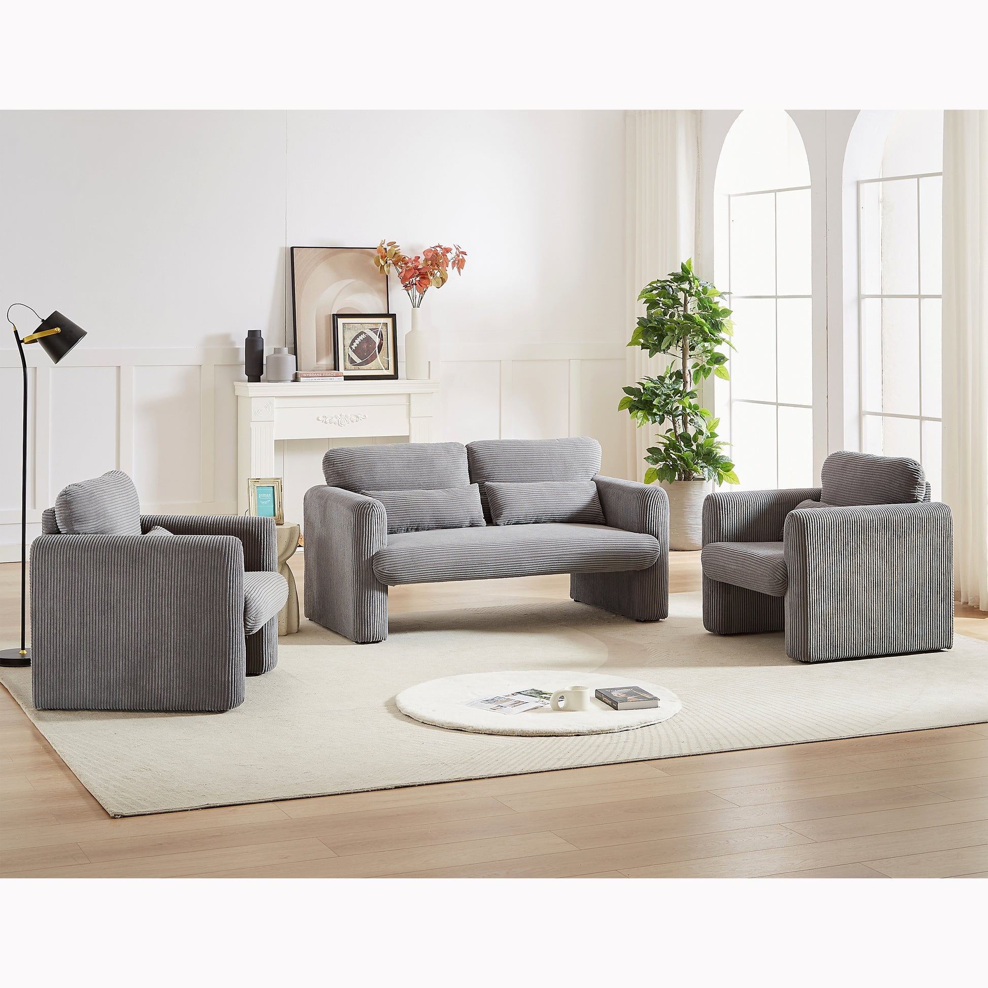 60"Corduroy Fabric Sofa With Two 33" Single Sofa, Modern Sofa With Support Pillow, For Apartment, Office, Living Room & Bedroom Grey Corduroy 4 Seat