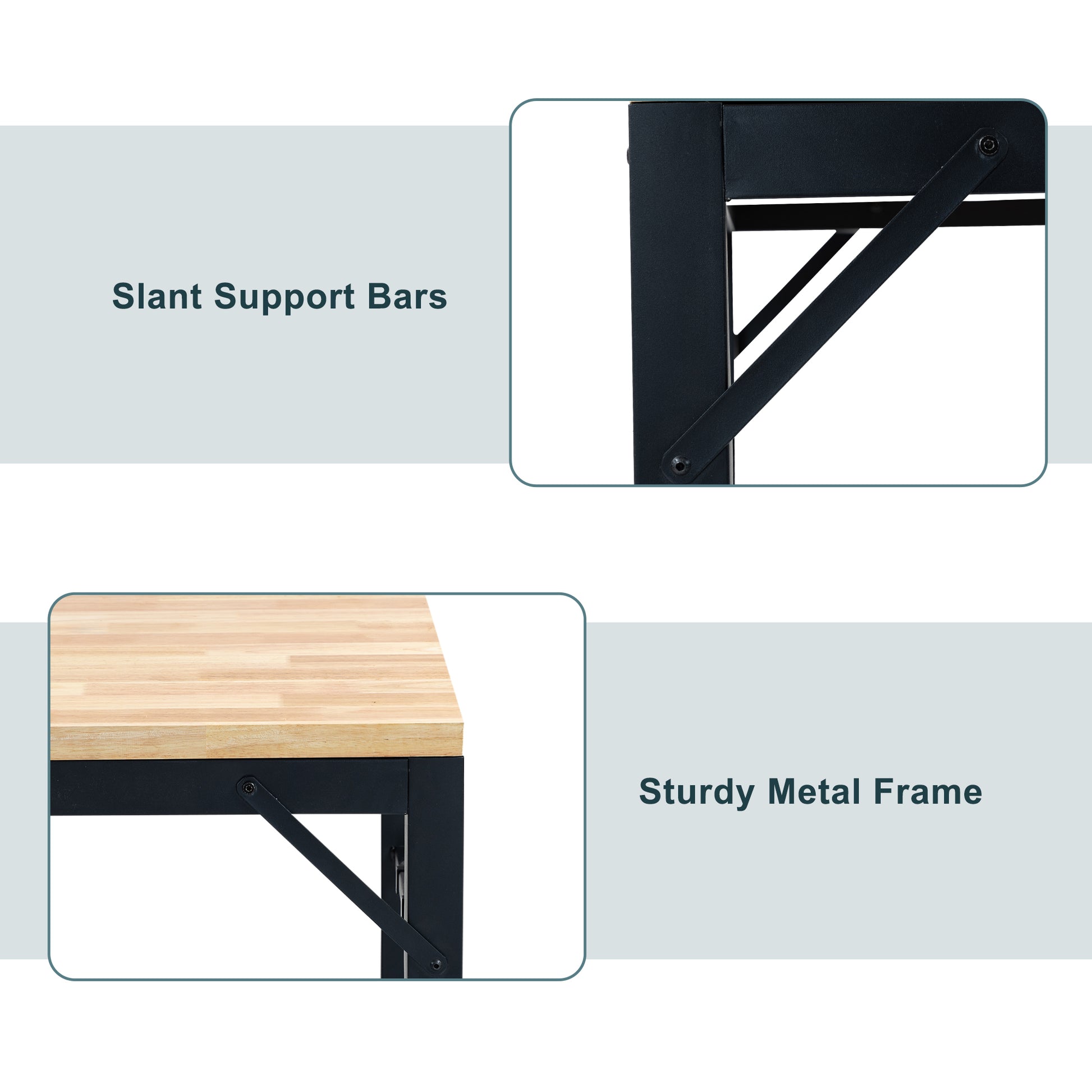 48" Heavy Duty Adjustable Workbench For Garage, Rubber Wood Shop Table W Metal Wheels, Hardwood Workstation Weight Capacity Over 2000 Lbs With Wheels Black Metal & Wood