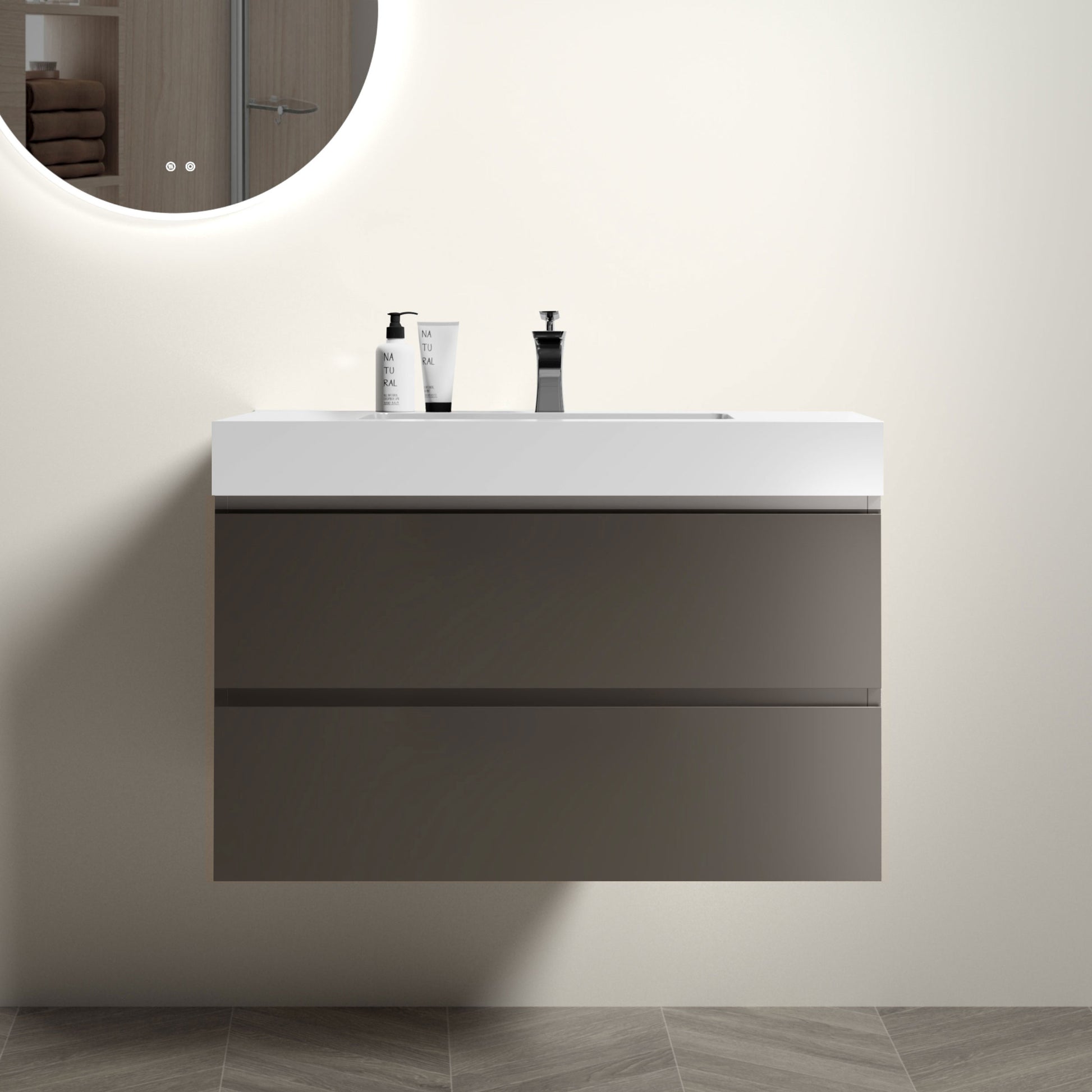 Alice 36" Gray Bathroom Vanity With Sink, Large Storage Wall Mounted Floating Bathroom Vanity For Modern Bathroom, One Piece White Sink Basin Without Drain And Faucet, Pre Assembled Gray Bathroom Modern Particle Board