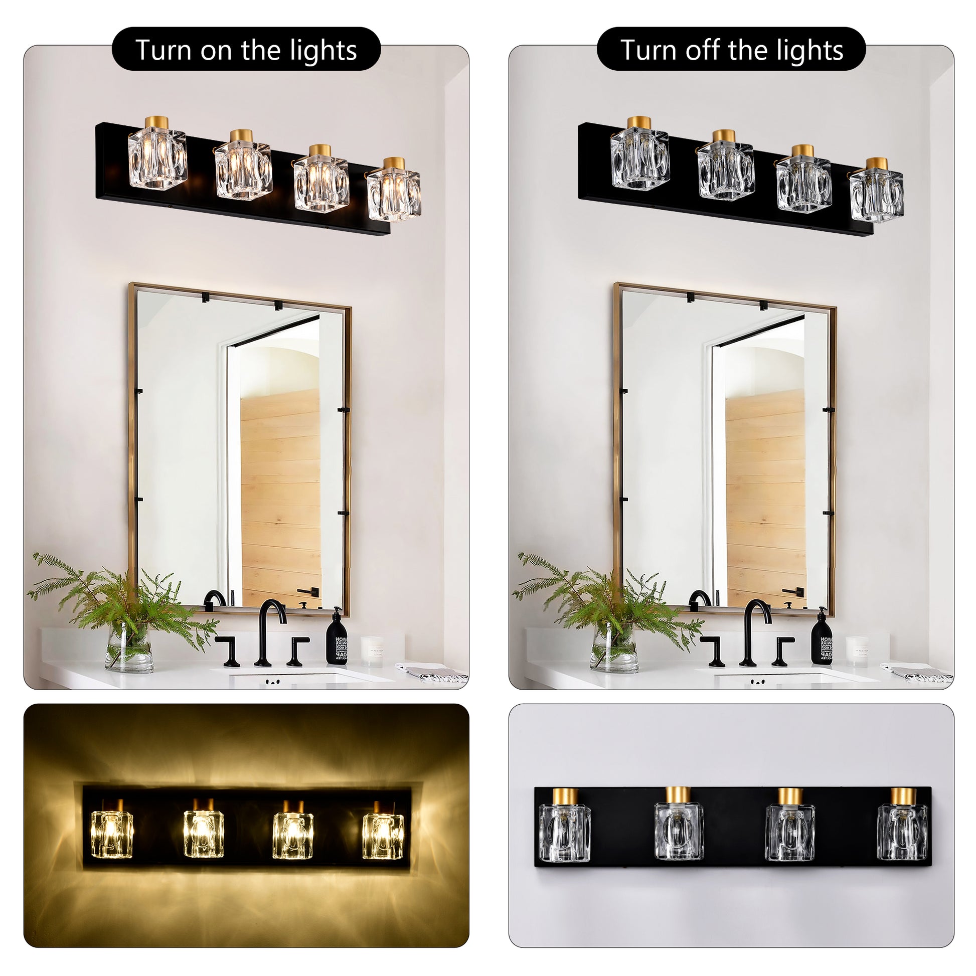 4 Light Matte Black Gold Bathroom Light Fixtures, Modern Vanity Lights With Crystal Glass Shade, Vintage Light Fixture Bathroom Over Mirror Wall Lights For Kitchen Dinning Room Bedroom Hallway Gold