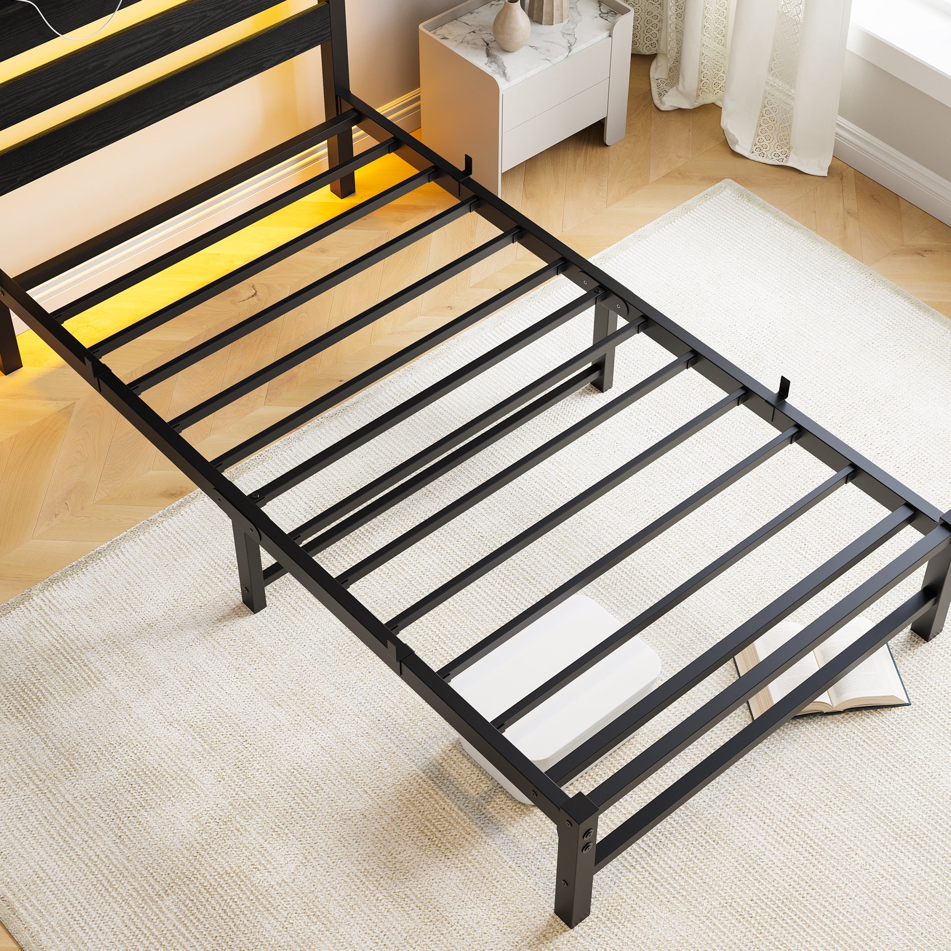 Twin Size Bed Frame Heavy Duty Platform Bed Frame With Headboard, Usb Charging Station, Led Bed, No Box Spring Needed, Mattress Foundation, Strong Steel Slats, Noise Free, Black Box Spring Not Required Twin Black Metal Bedroom Antique,Classic,Modern Bed