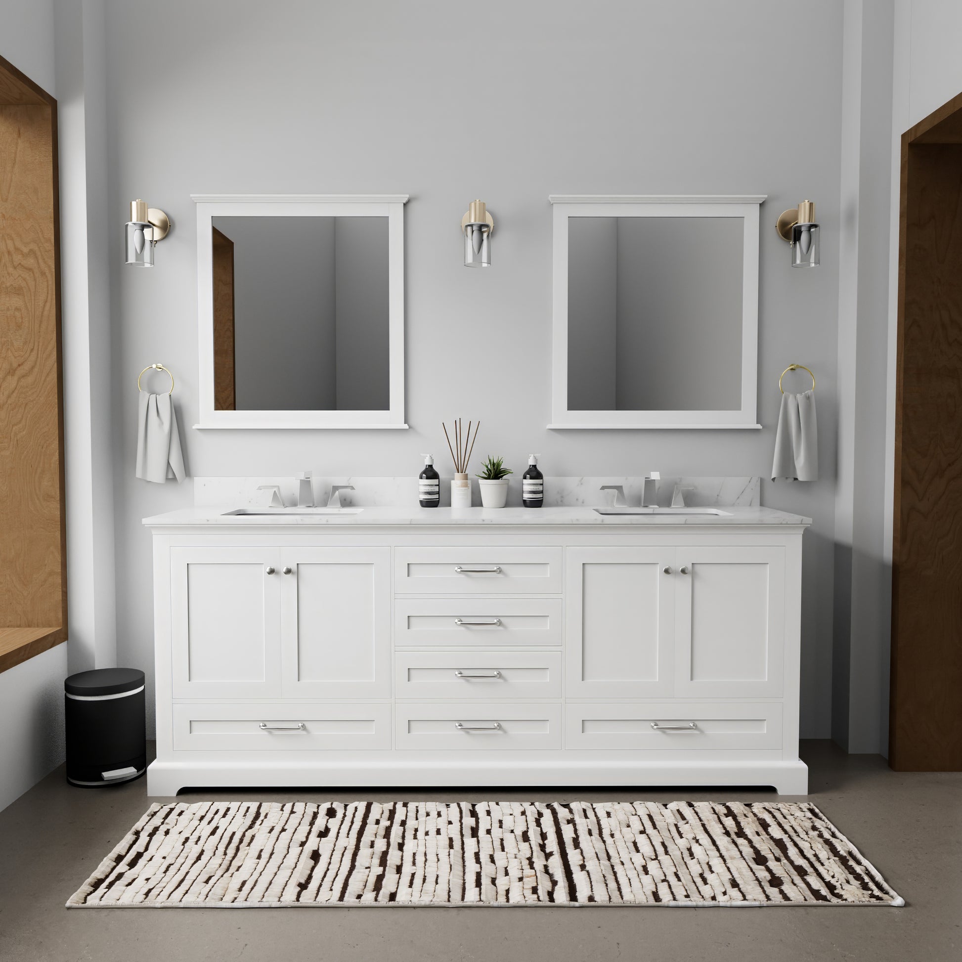 White Double Bath Vanity 80 In. W X 22 In. D, Carrara Marble Top, And Faucet Set White Plywood Wood