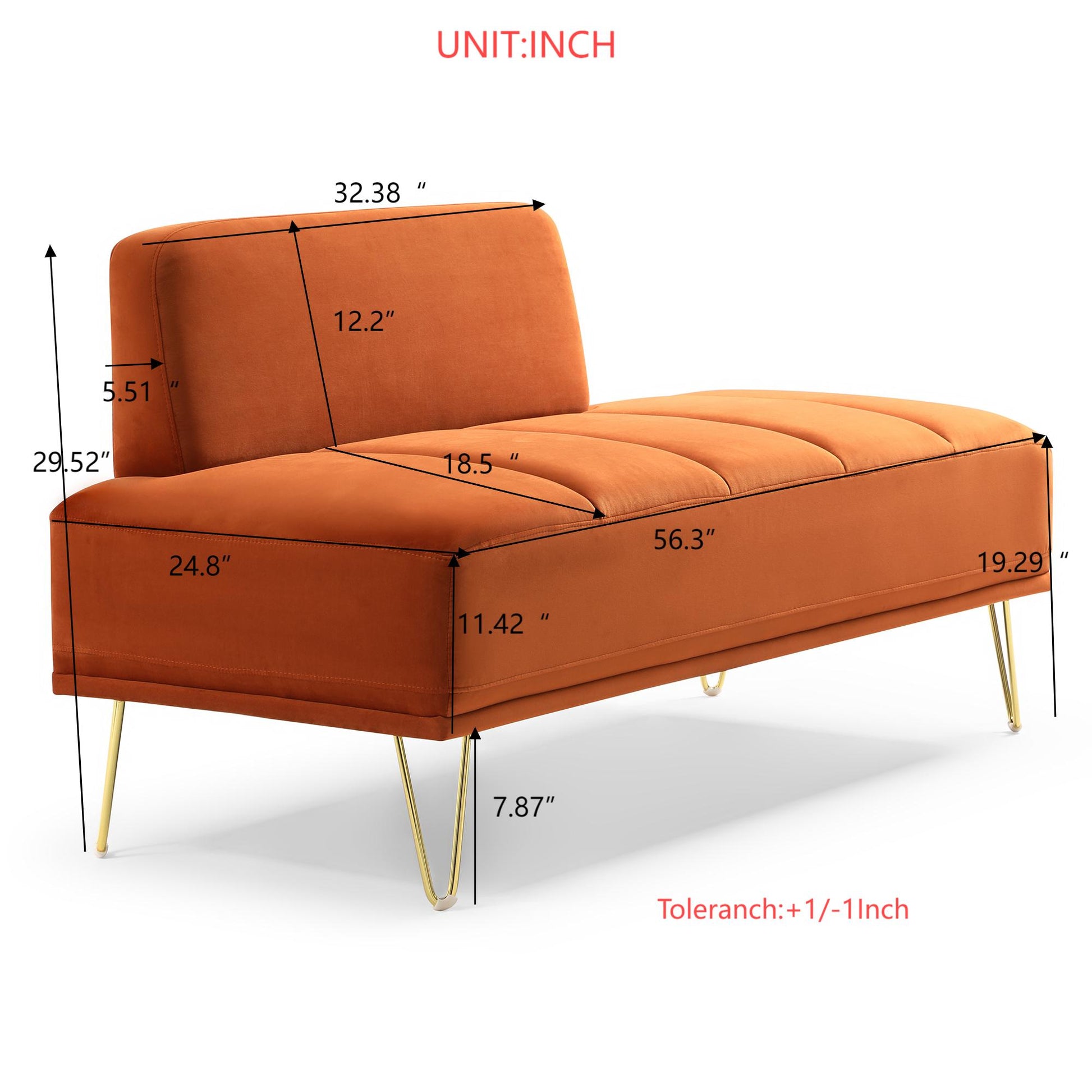 56.3"Inch Modern End Of Bed Bench,Velvet Fabric Upholstered 2Seater Sofa Couch Entryway Ottoman Bench, Fuzzy Sofa Stool Footrest ,Window Bench With Gold Metal Legs For Bedroom, Living Room,Orange