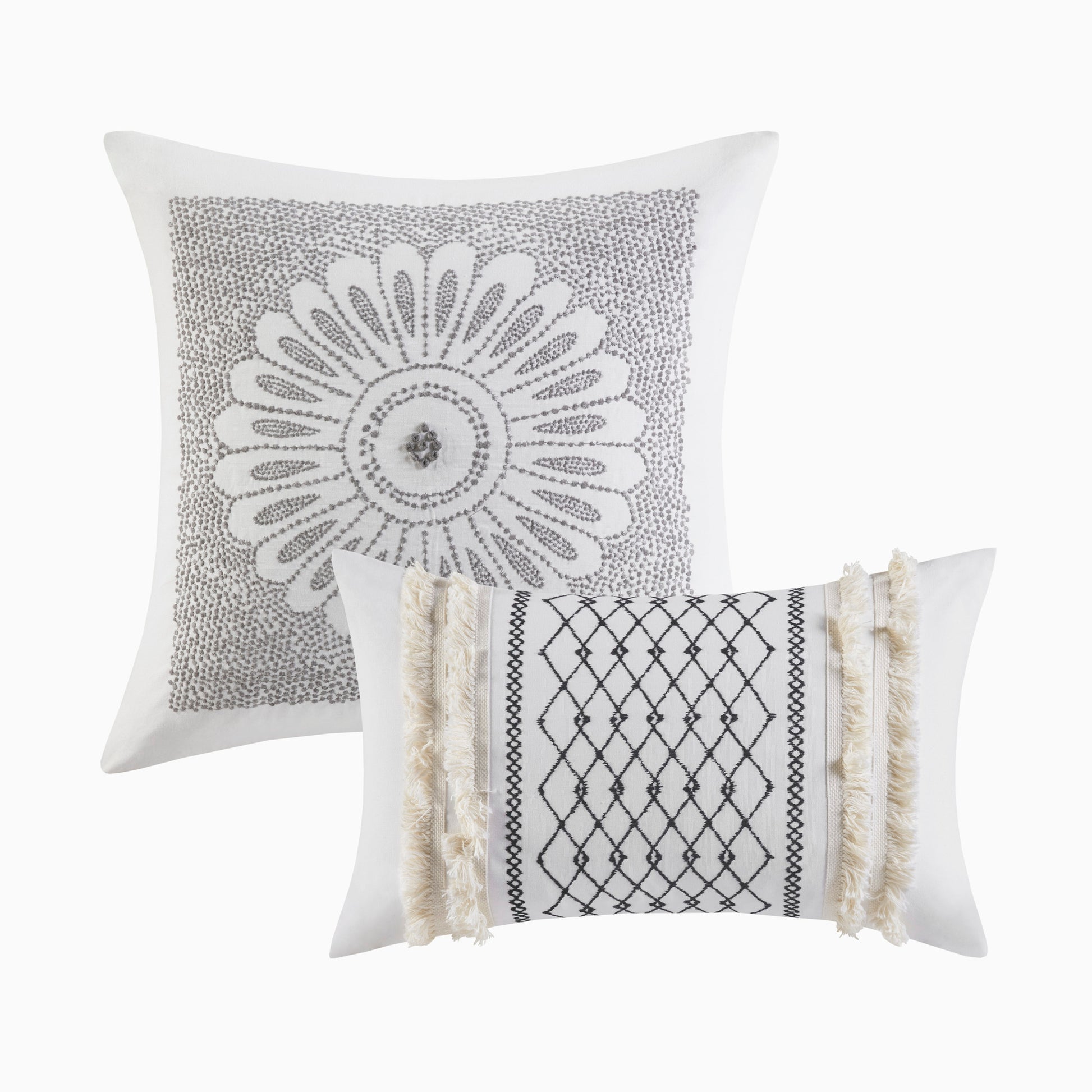 Cotton Printed Comforter Set With Chenille Ivory Full Queen Queen Ivory Cotton