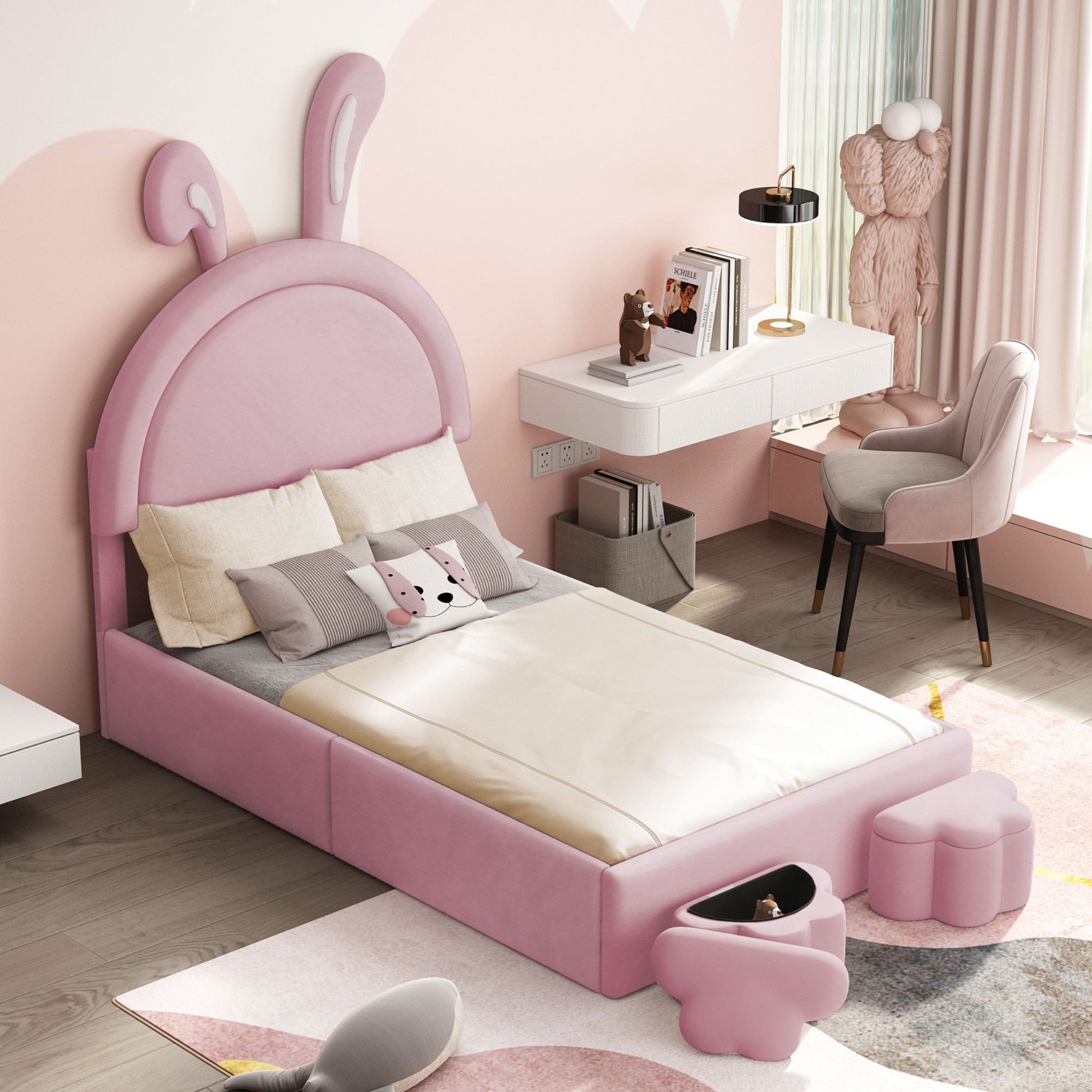 Twin Size Upholstered Rabbit Shape Bed With 2 Storage Stools, Velvet Platform Bed With Cartoon Ears Shaped Headboard, Pink Twin Pink Wood