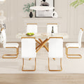 Table And Chair Set, Large Modern Minimalist Rectangular Dining Table, 0.39 Inch Imitation Marble Countertop, Wood Metal Table Legs, Comfortable And Soft Seats. Wood Glass Metal